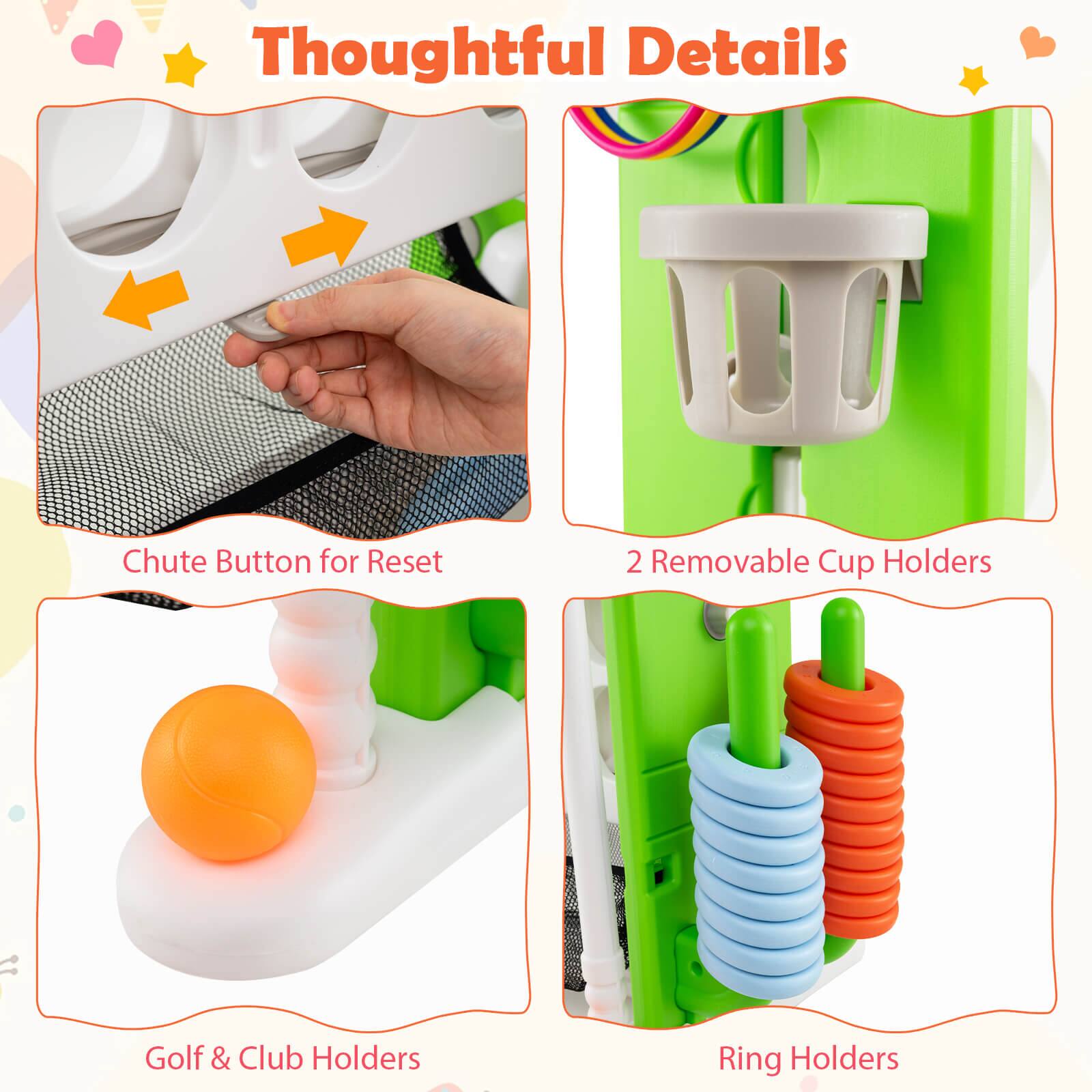 Thoughtful Details

- Chute Button for Reset
- 2 Removable Cup Holders
- Golf & Club Holders
- Ring Holders