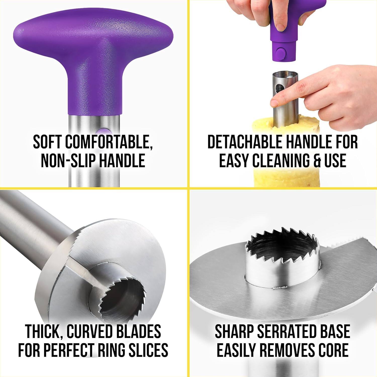 - Soft comfortable, non-slip handle
- Detachable handle for easy cleaning & use
- Thick, curved blades for perfect ring slices
- Sharp serrated base easily removes core
