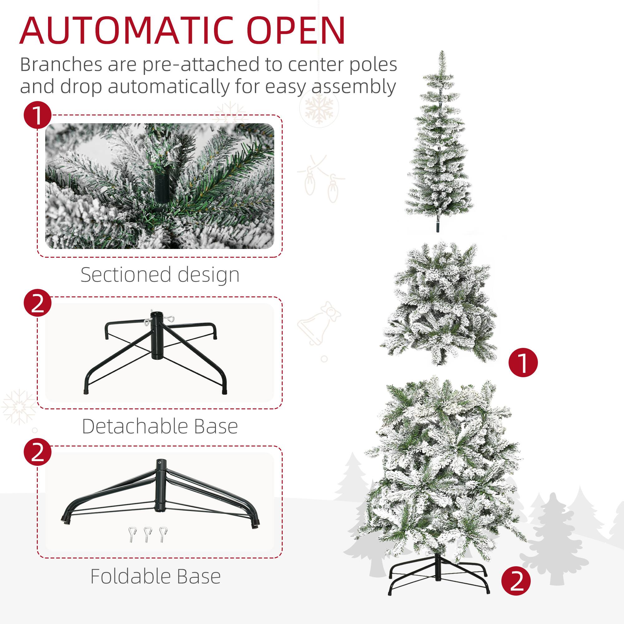 AUTOMATIC OPEN
Branches are pre-attached to center poles and drop automatically for easy assembly

1. Sectioned design
2. Detachable Base
3. Foldable Base