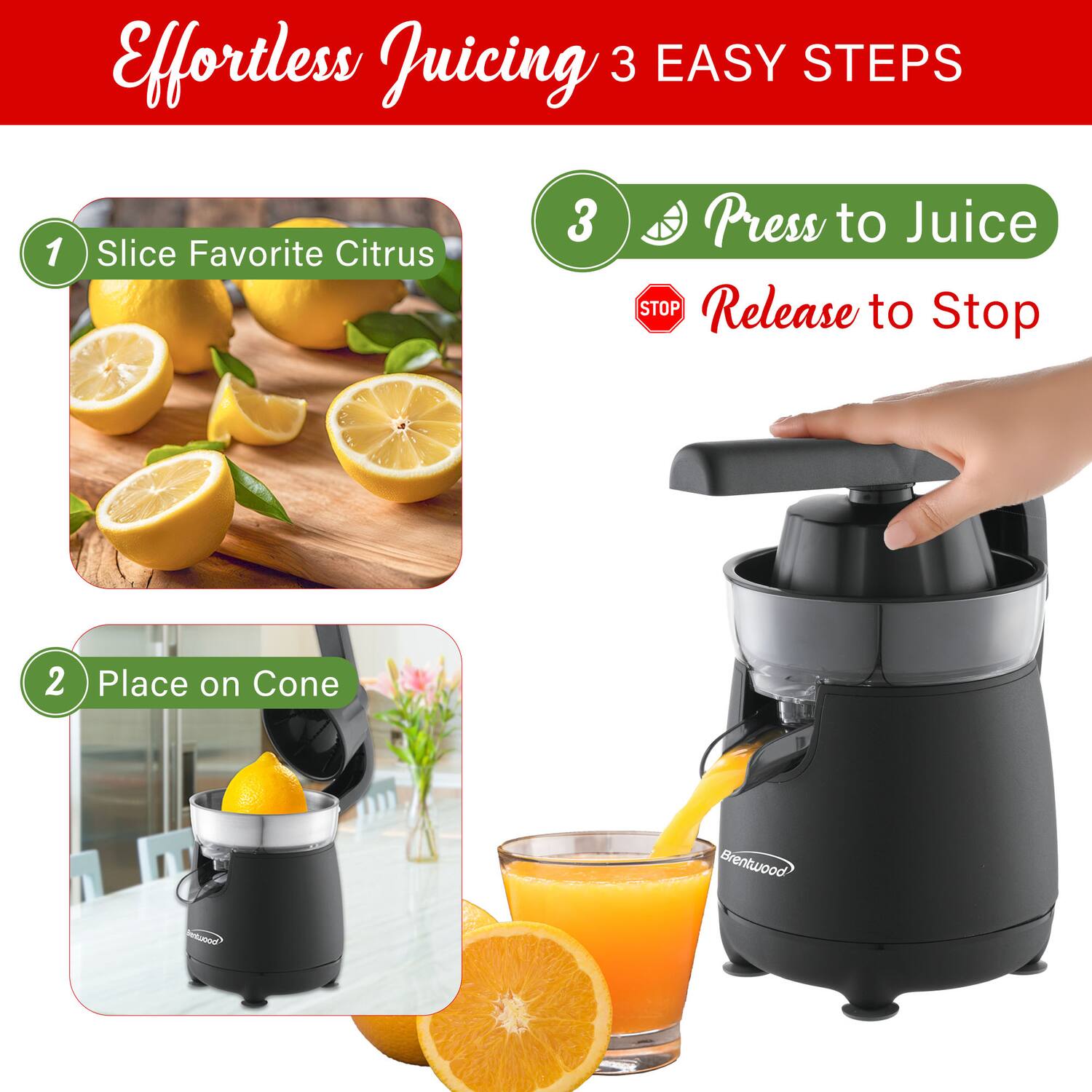 Effortless Juicing 3 EASY STEPS

1. Slice Favorite Citrus
2. Place on Cone
3. Press to Juice
   Release to Stop