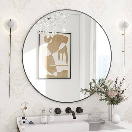 Front. HOMLUX - 24 Inch Round Wall Mirror Black Aluminum Frame Circle Mirror for Bathroom Vanity Entryway Living Room.