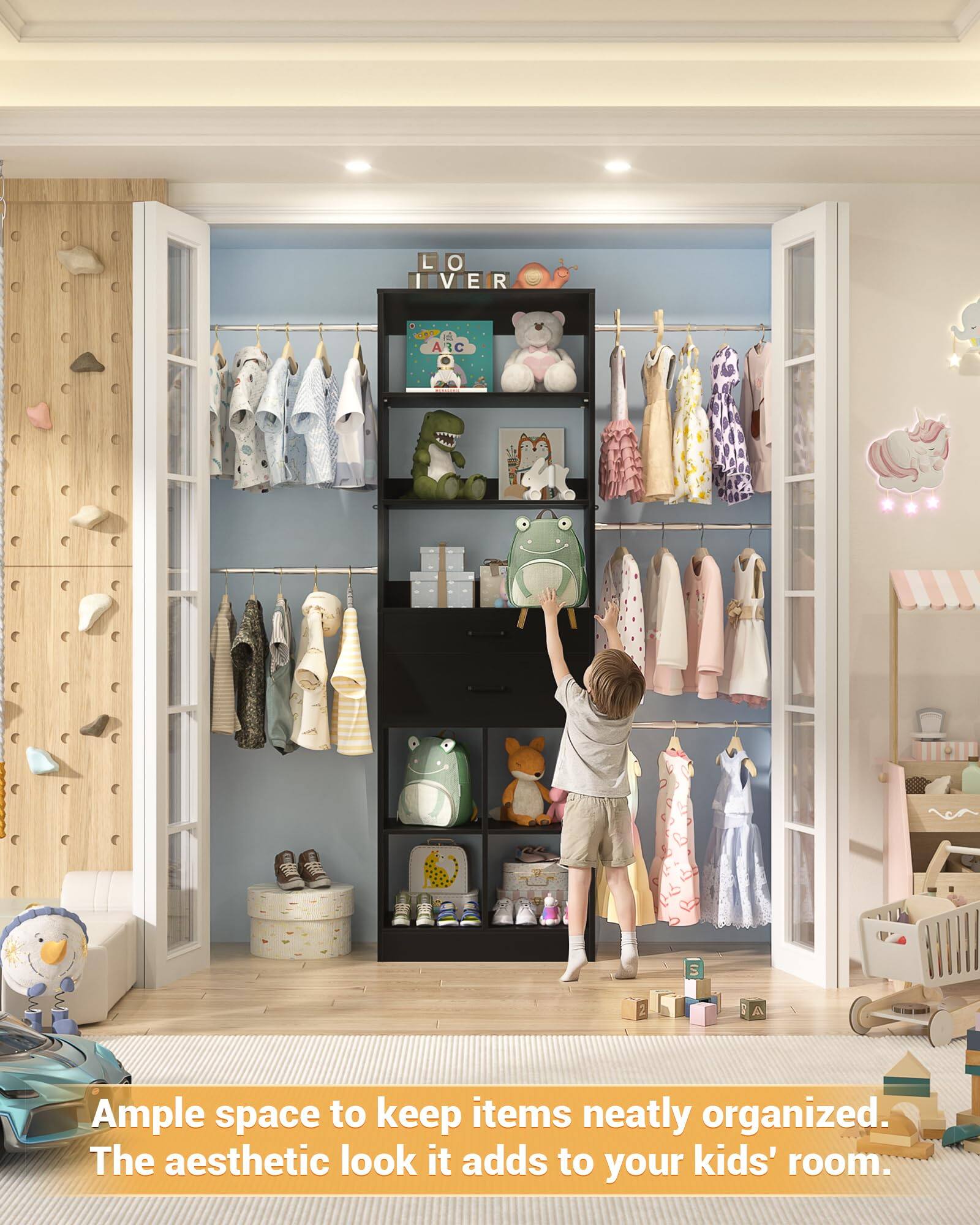 Ample space to keep items neatly organized. The aesthetic look it adds to your kids' room.