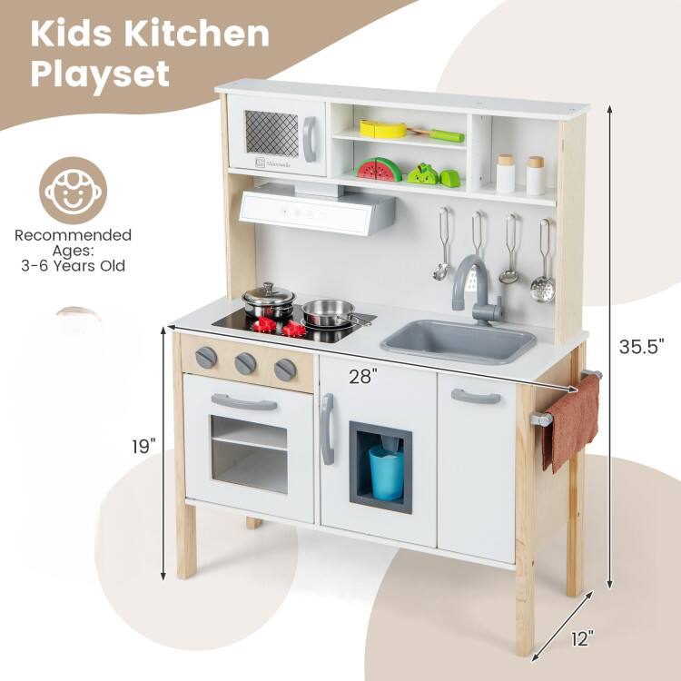 Kids Kitchen Playset

Recommended Ages: 3-6 Years Old

Dimensions:
- Width: 28"
- Depth: 19"
- Height: 35.5"
- Height from floor to countertop: 12"