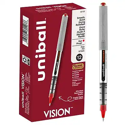 **VISION uniball U 601.0**
- Smooth, Quick Drying Rollerball
- Encre Roller Fluide A Schago Rapide
- Red Rouge
- Fine Fin
- 0.7mm
- 12 pens
**Features:**
- Protects Against Fading
- Water Resistant
- Dependable Quality
- Emortiess
- Fiable
- Sana
**Additional Information:**
- Smooth, Quick Drying
- Rollerball Ink
- Fast Drying
- Red Ink
- Fine Point
- 0.7mm
- 12 pens per pack
**Vision uniball**