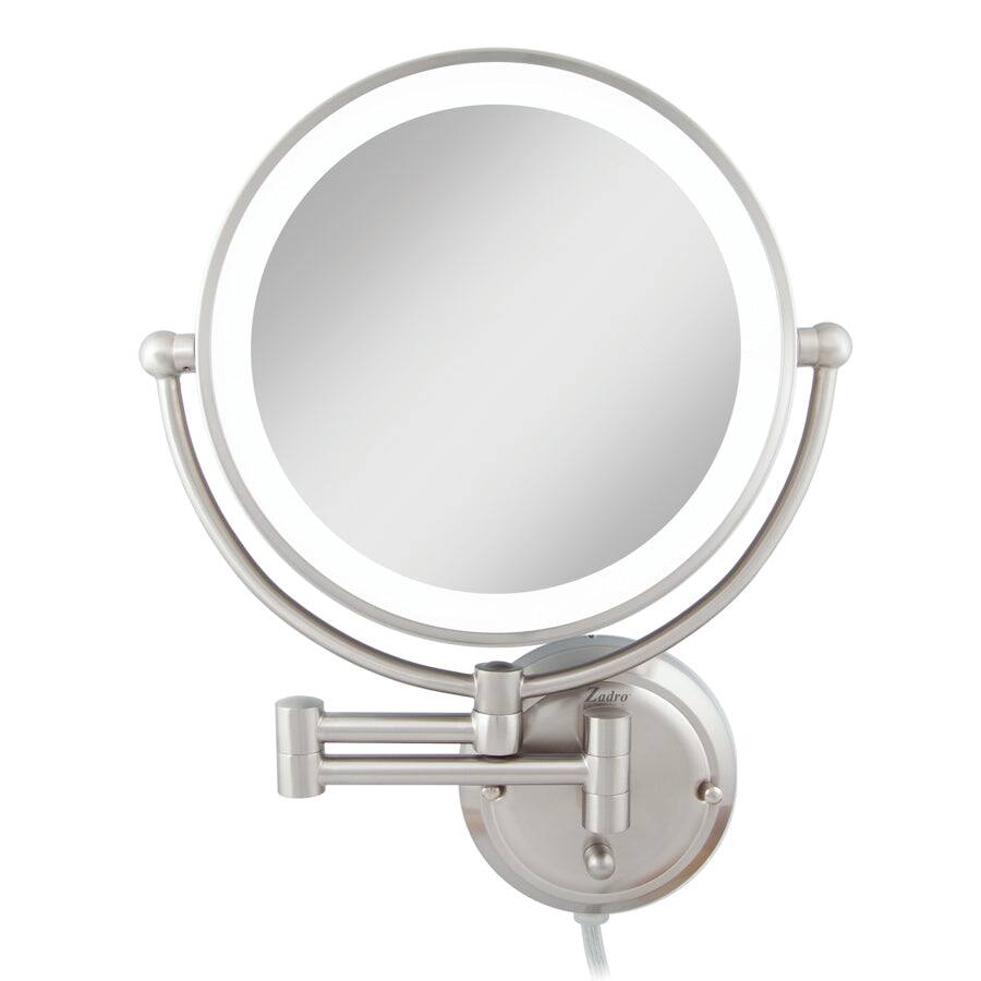 Front. Zadro - Fluorescent Lighted Wall Mounted Glamour Makeup Mirror with 5X/1X Magnifications and Extendable Arm - Corded - Satin Nickel.