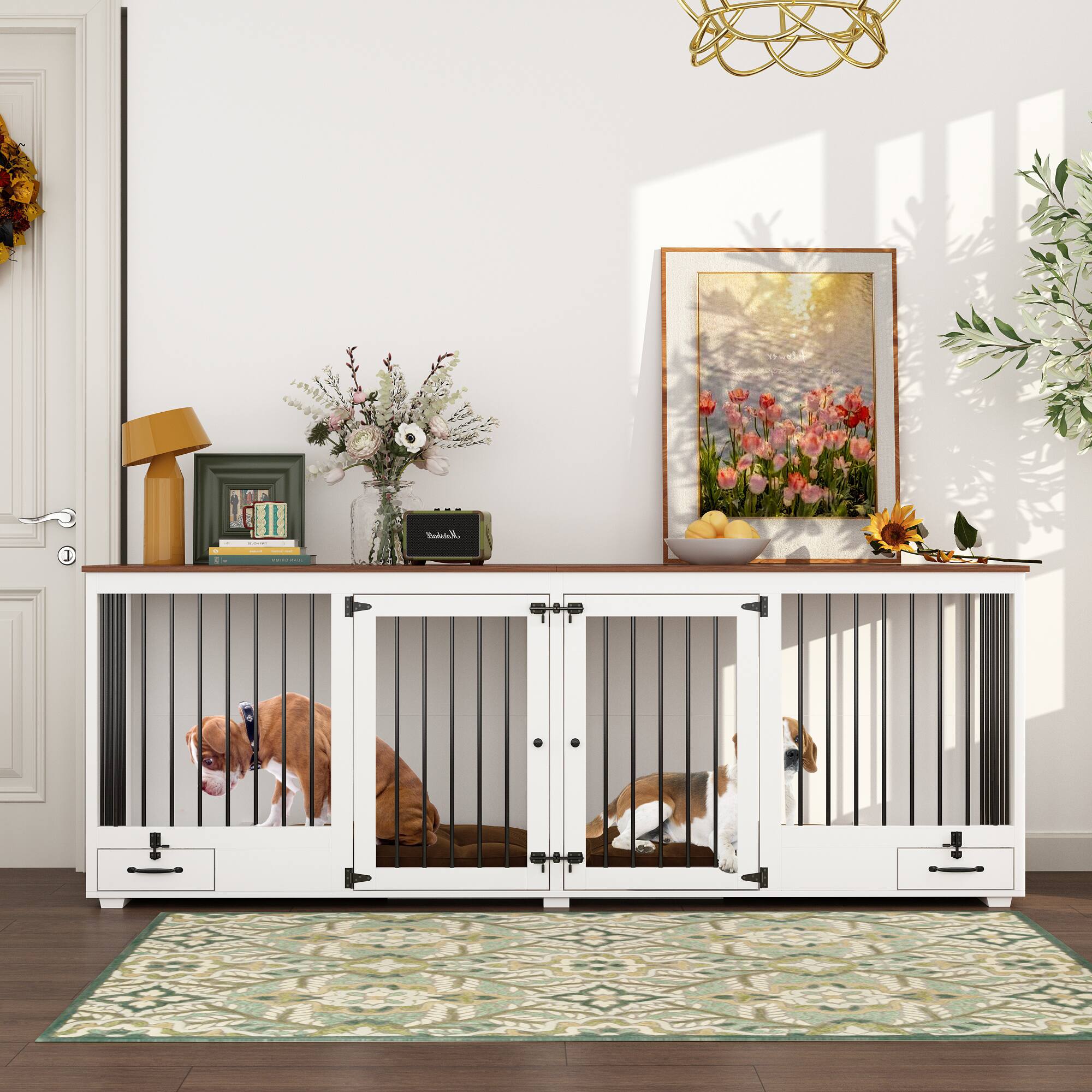 Alt View 2. FUFU & GAGA - Furniture-Style Dual-Dog Crate Console - Convertible Kennel Pull-Out Feeder & Storage.