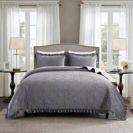Hivvago - King Velvet Microfiber Polyester Reversible 3-Piece Quilt Set - Gray Charcoal
