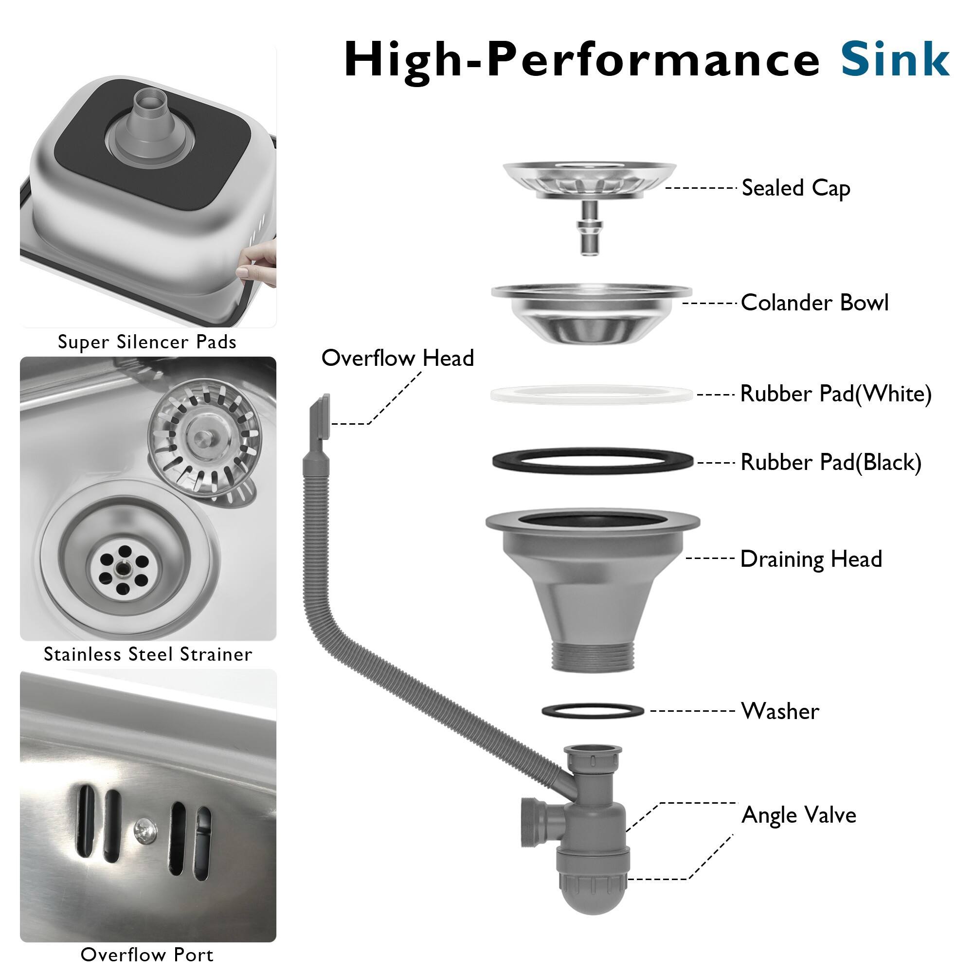 High-Performance Sink

- Sealed Cap
- Colander Bowl
- Rubber Pad (White)
- Rubber Pad (Black)
- Draining Head
- Washer
- Angle Valve
- Overflow Port

- Super Silencer Pads
- Stainless Steel Strainer
- Overflow Head