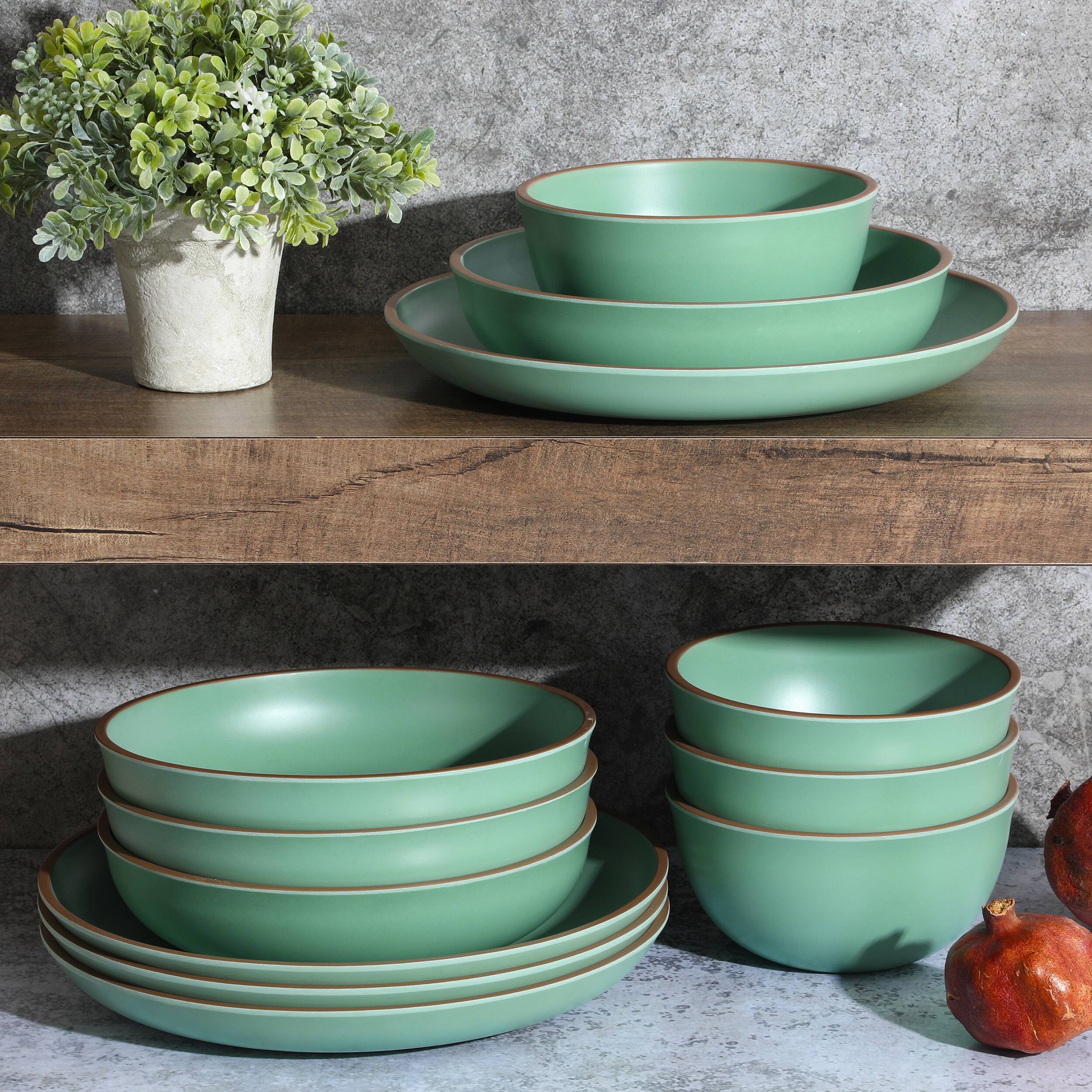 Alt View 8. Gibson - Gibson Home Rockabye 12 Piece Double Bowl Melamine Dinnerware Set in Green - Green.