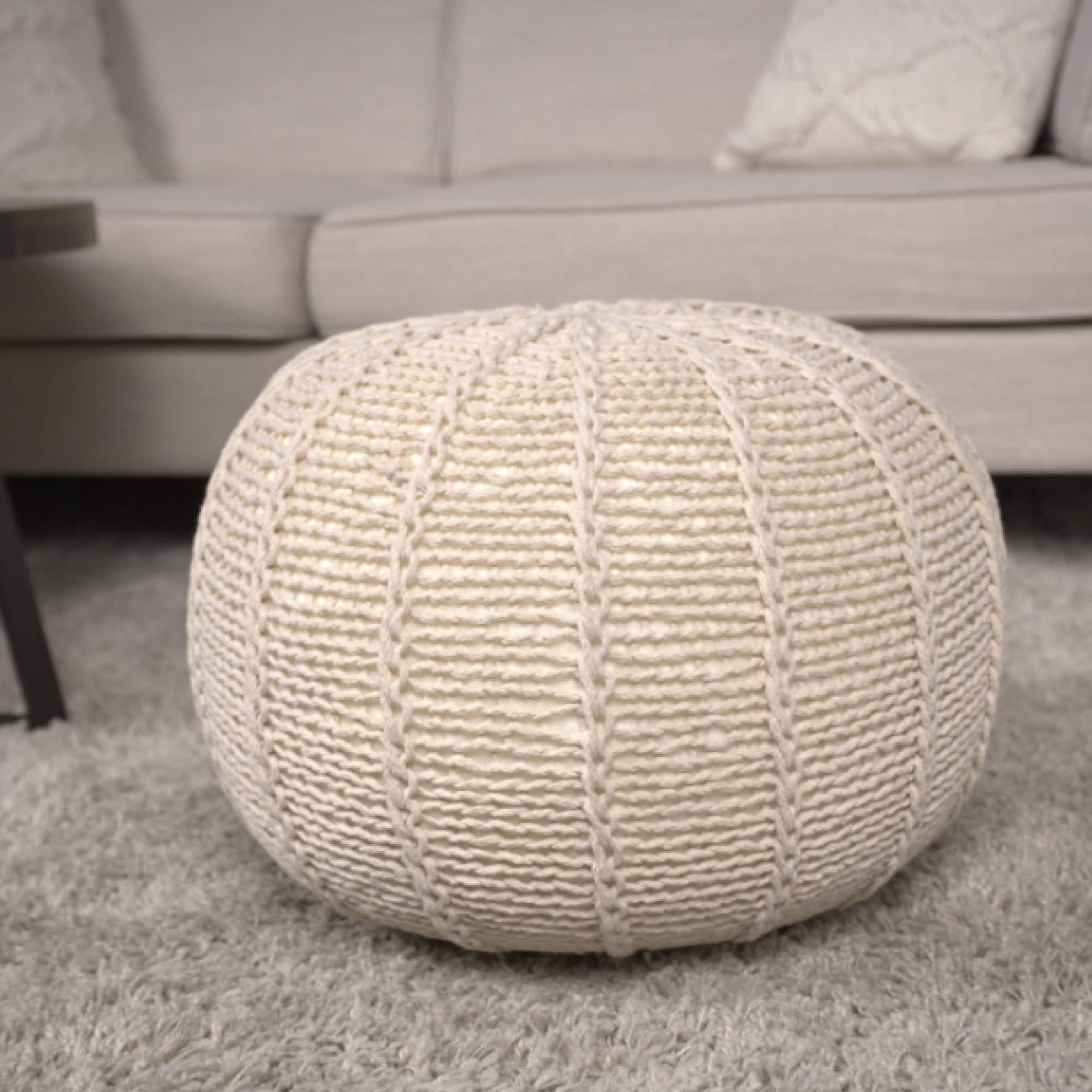 GOODSILO - Knitted Cotton Round Pouf Ottoman Floor Cushion Stylish Home Decor Accessory - Beige