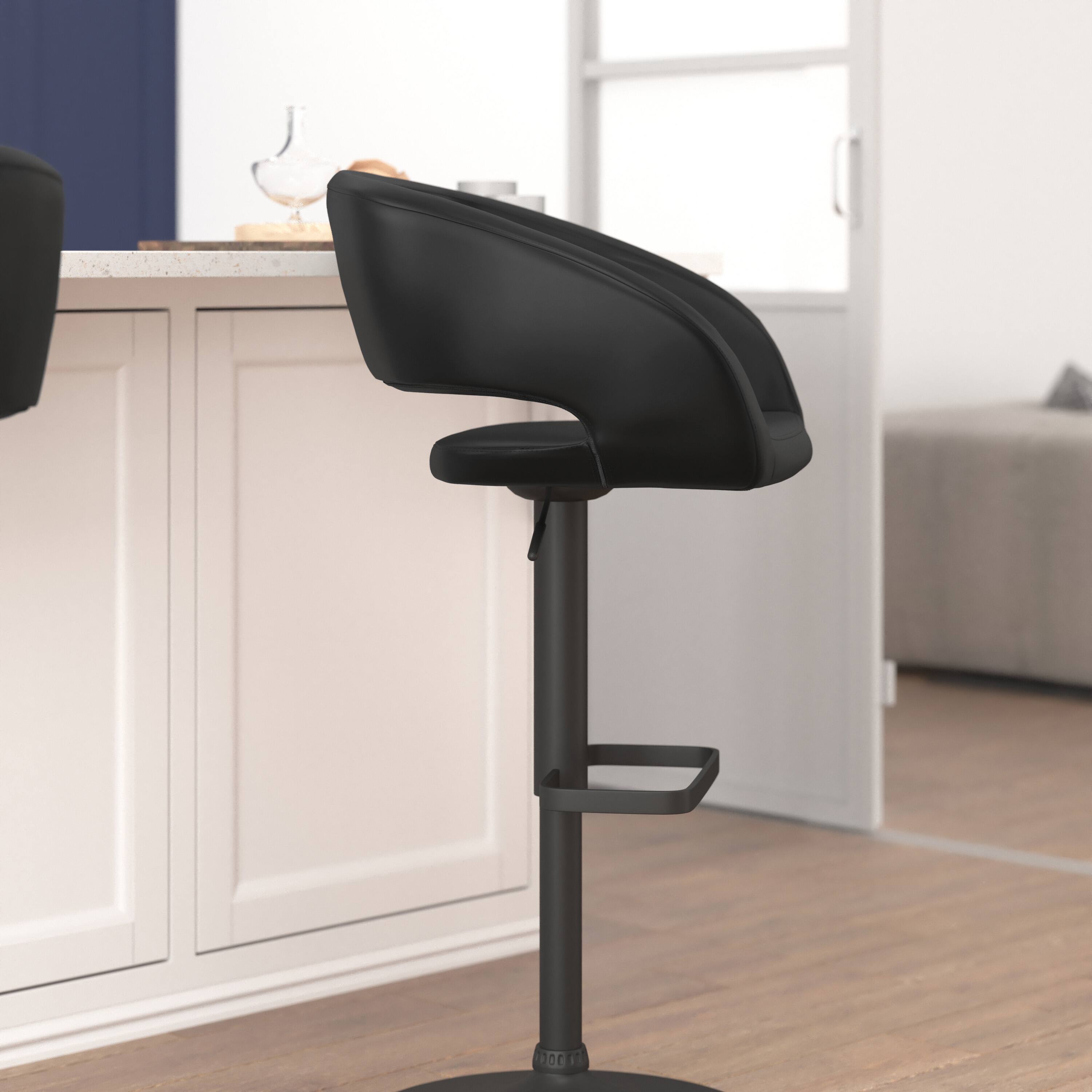 Alt View 3. Emma + Oliver - Shae Contemporary Upholstered Adjustable Height Barstool with Rounded, Cutout Mid-Back and Pedestal Base - Black Vinyl/Black Frame.