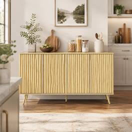 RYHNUYNE - Freestanding Long Sideboard Buffet Cabinet with 4 Doors and Adjustable Shelves, Wood Coffee Bar - Natural