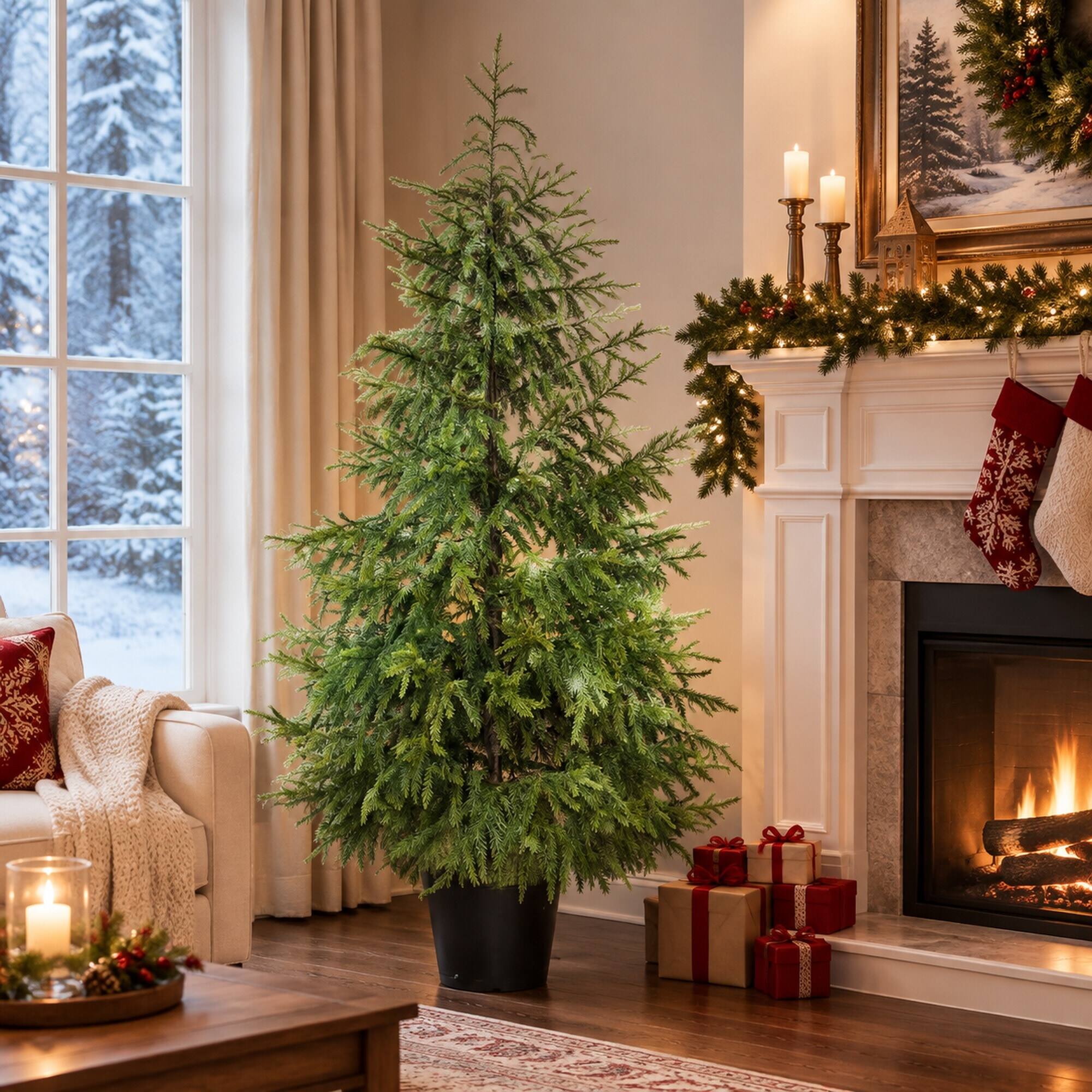 Left. RYHNUYNE - 4FT Norfolk Pine Christmas Tree Set of 2 With 133 Molded Tips and Pot Base - Green.