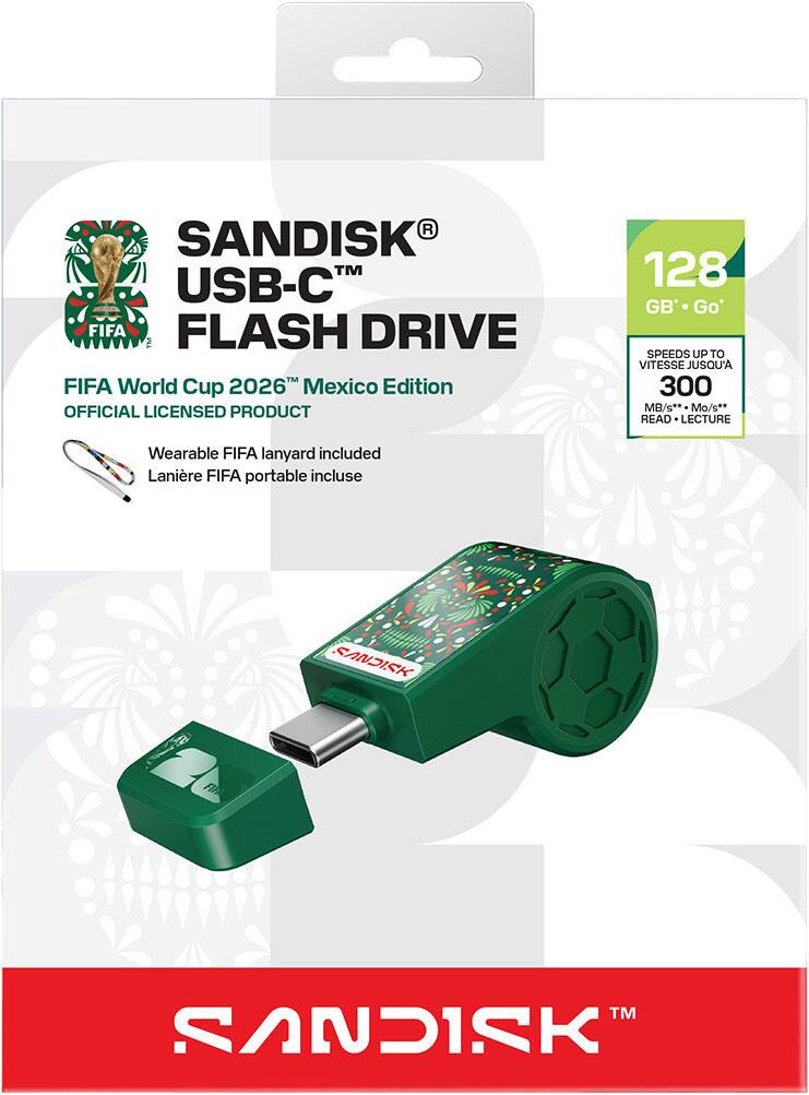 SANDISK USB-C FLASH DRIVE  
FIFA World Cup 2026 Mexico Edition  
OFFICIAL LICENSED PRODUCT  

128 GB*  
SPEEDS UP TO 300 MB/s*  
READ  

Wearable FIFA lanyard included  
Lanière FIFA portable incluse  

SANDISK