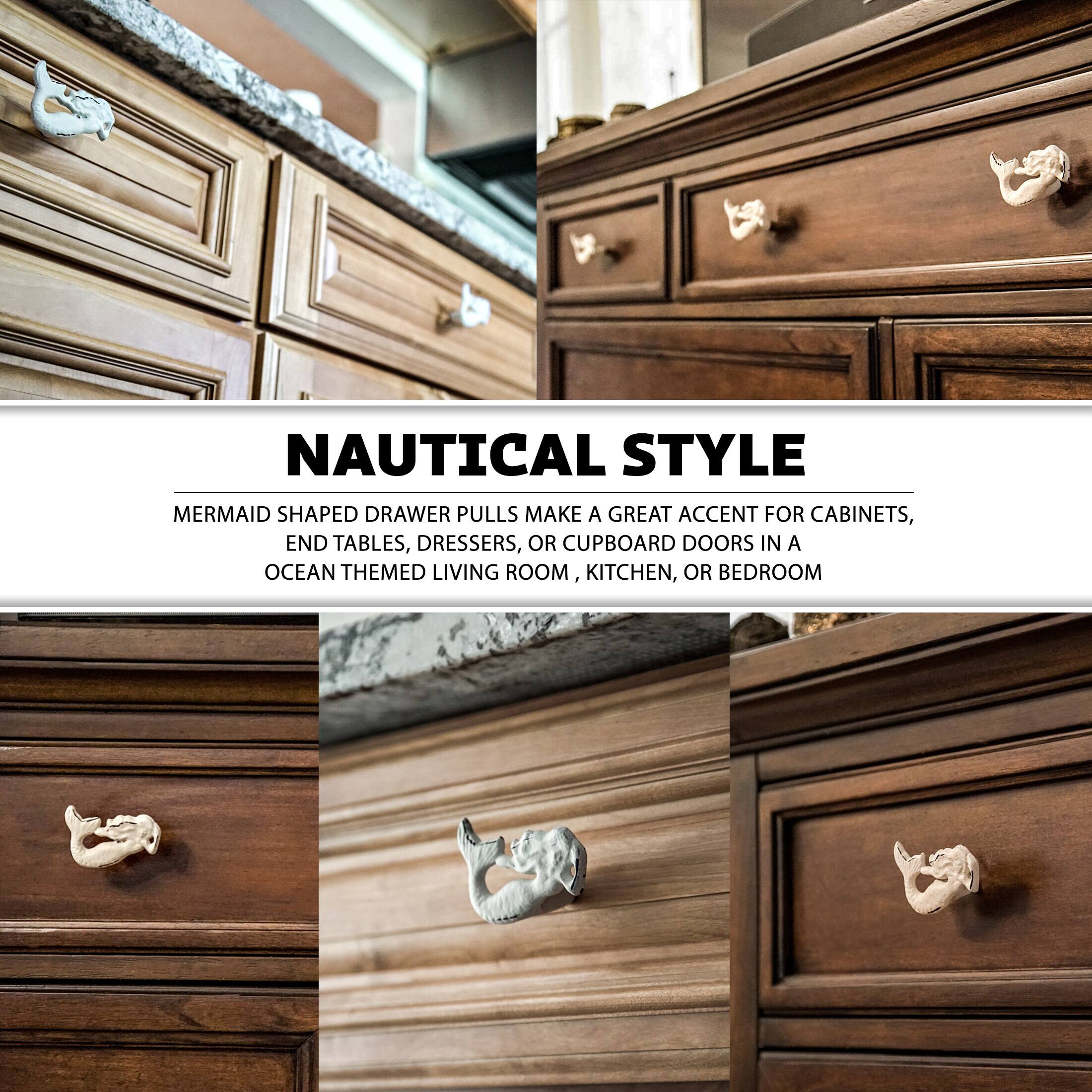 NAUTICAL STYLE

MERMAID SHAPED DRAWER PULLS MAKE A GREAT ACCENT FOR CABINETS, END TABLES, DRESSERS, OR CUPBOARD DOORS IN A OCEAN THEMED LIVING ROOM, KITCHEN, OR BEDROOM
