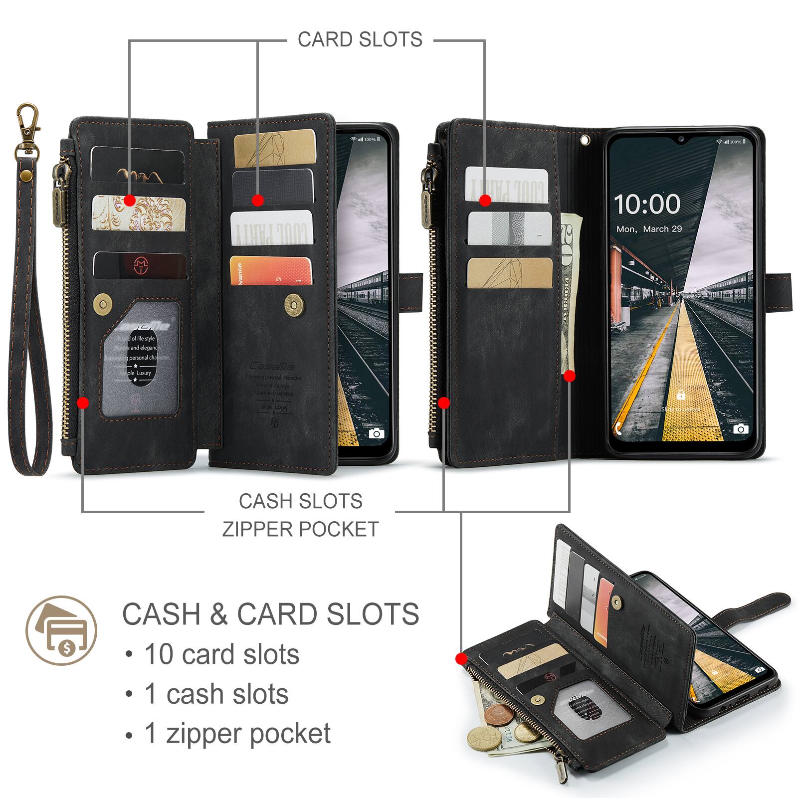 CARD SLOTS

CASH SLOTS ZIPPER POCKET

CASH & CARD SLOTS
- 10 card slots
- 1 cash slot
- 1 zipper pocket