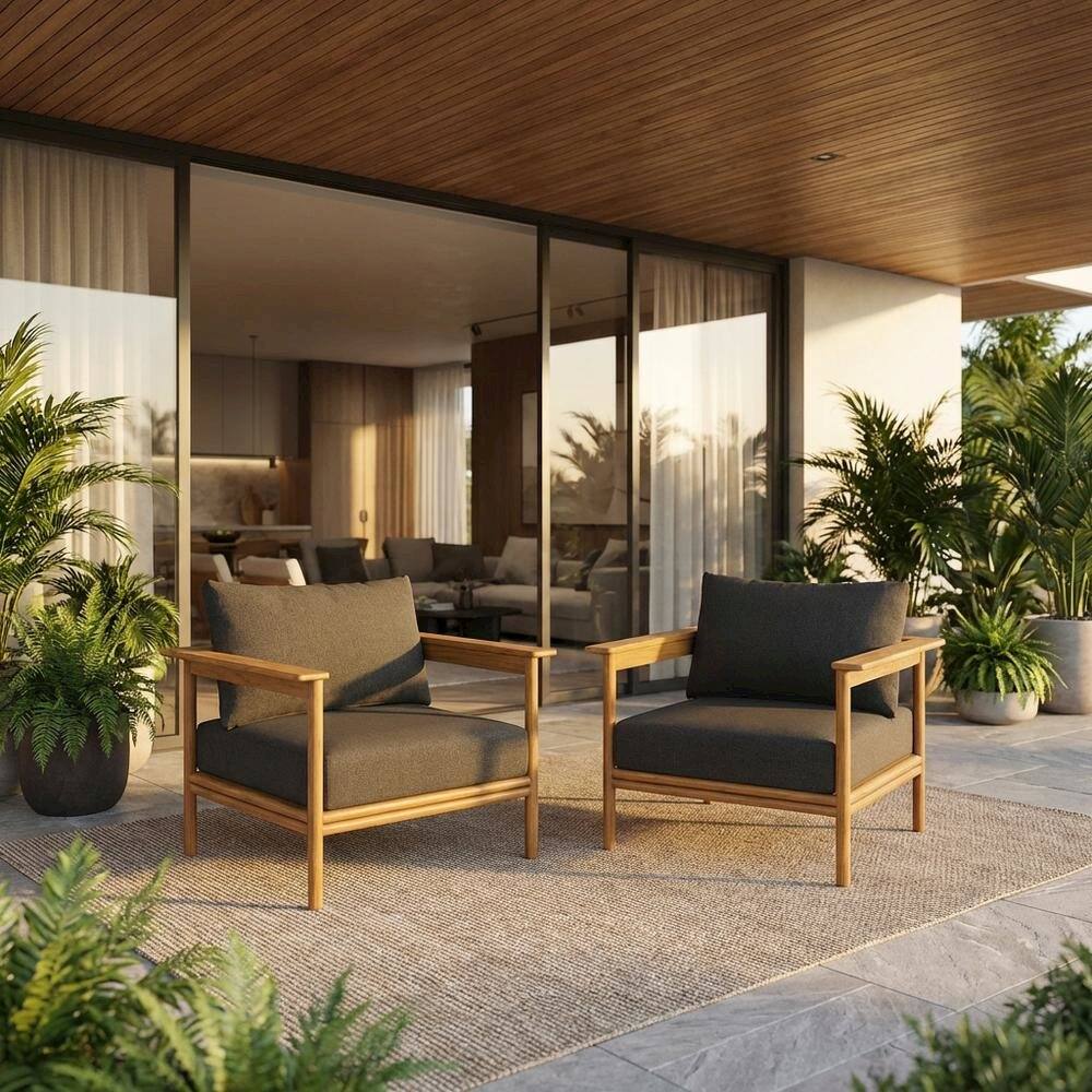 Angle. Outdoor Escape - Outdoor Patio Armchair Set Of 2 In Teak Wood For Cozy Outdoor Living - Gray.