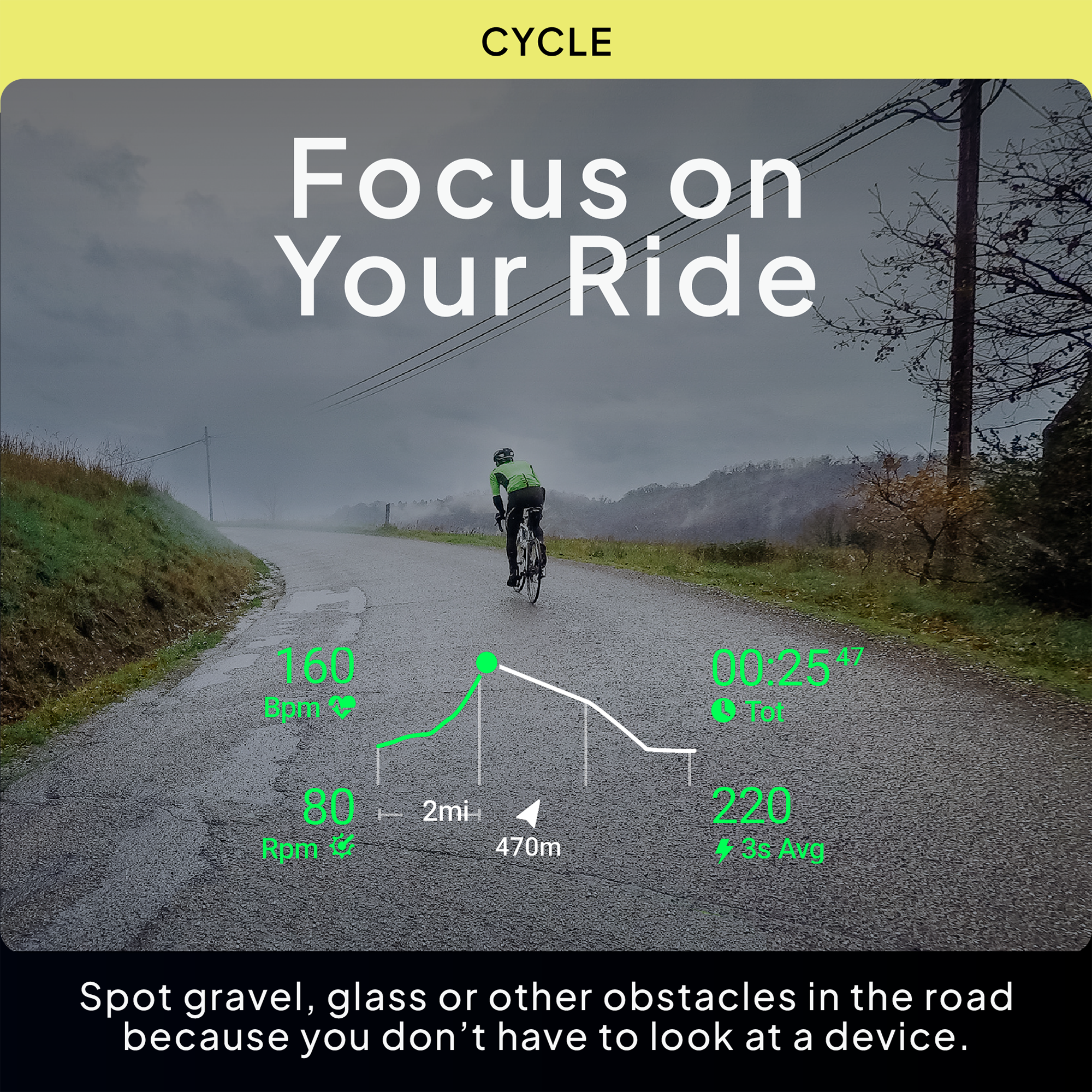 CYCLE  
Focus on Your Ride  

160 Bpm  
00:25:47  
Q Tot  
80 Rpm  
2mi  
470m  
220 + 3s Avg  

Spot gravel, glass or other obstacles in the road because you don't have to look at a device.