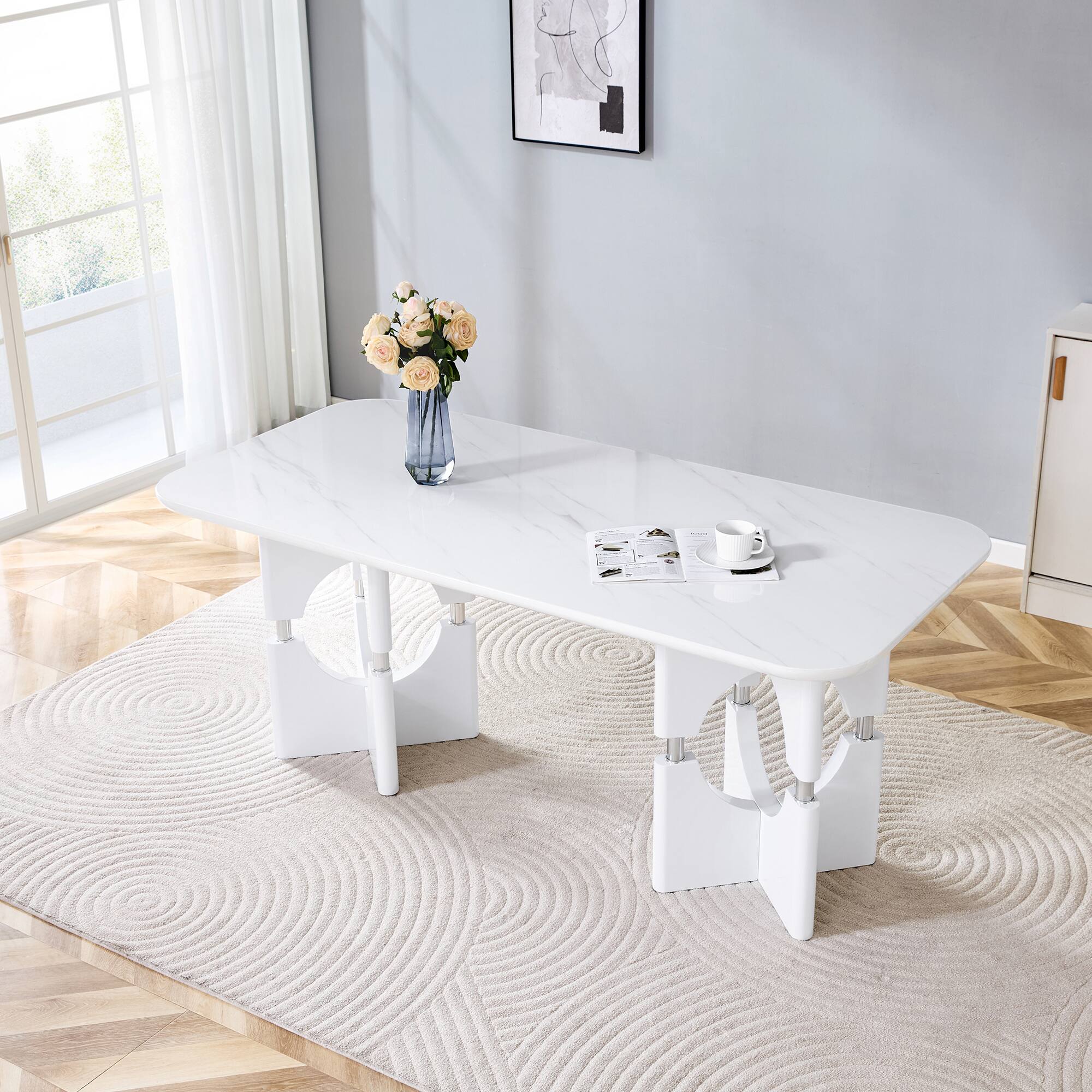 Back. Loheer - Loheer- Modern Faux Marble Dining Table 5.9x2.8x2.5 ft Hollow Metal Frame Kitchen Table For Apartments - White.