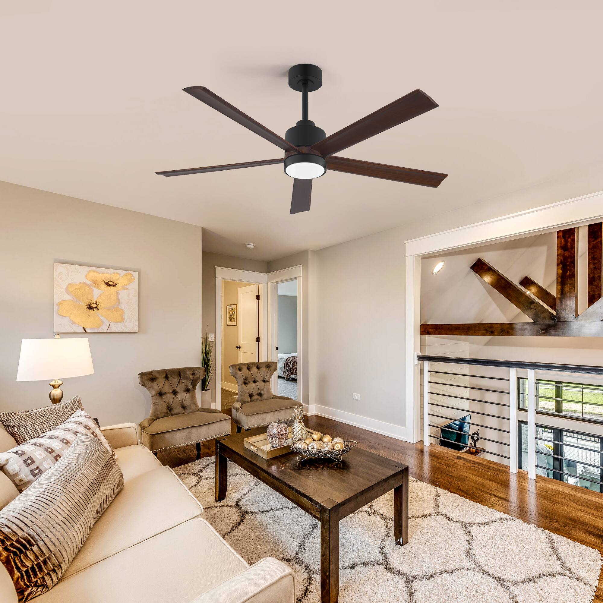 Alt View 7. Breezary - 52" Smart LED Ceiling Fan with Light, Remote & APP Control, 6-Speed, 1/4/8H Timer, 5 Wood Blades, DC Motor - Matte Black.