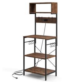 Kadyn - 60 Inch Tall Microwave Stand with Open Shelves and 10 Hanging Hooks-Rustic Brown, Storage Rack Microwave Oven Stand - Red