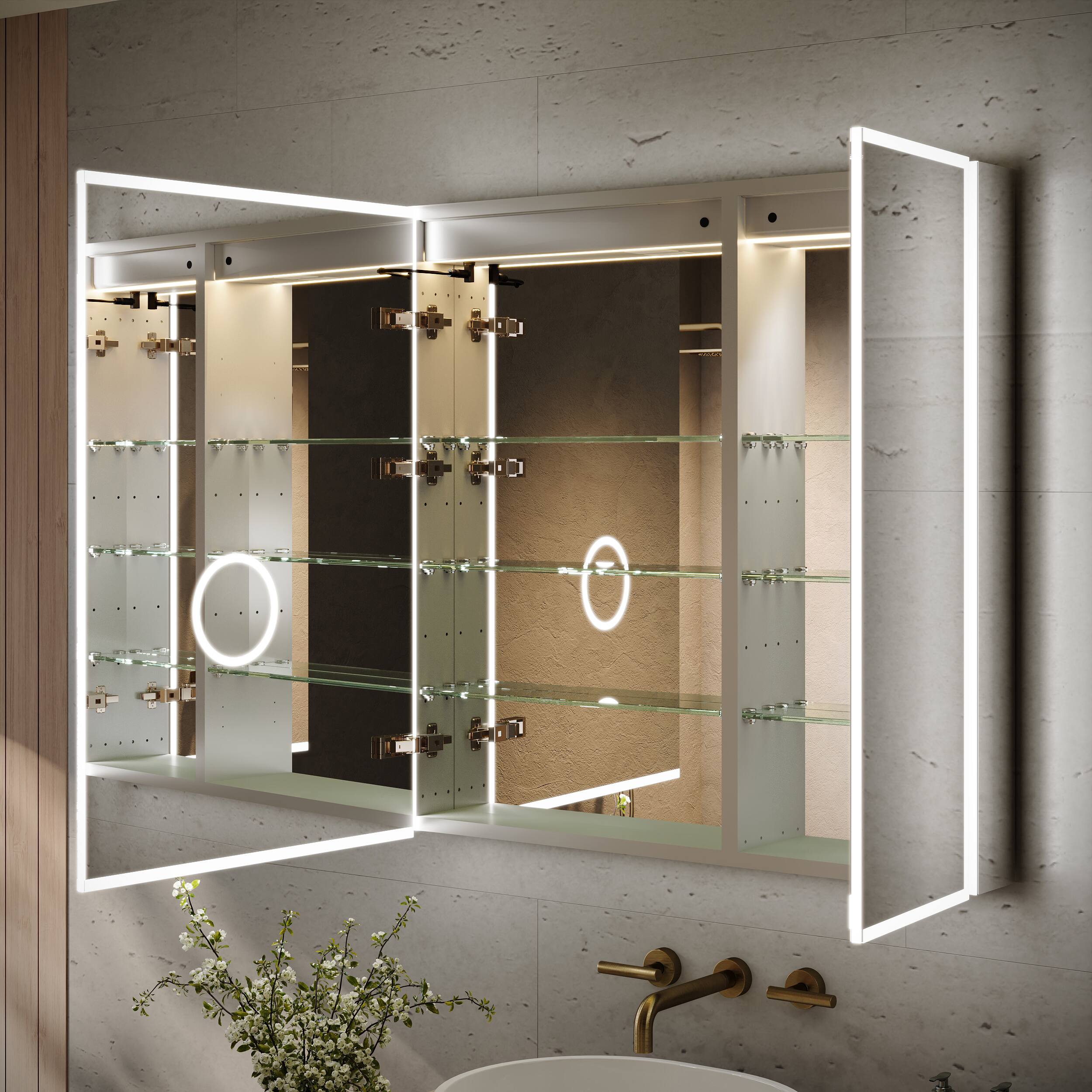 Back. WELLFOR - 36 in. W x 36 in. H Square Recessed/Surface Mount LED Medicine Cabinet with Mirror, 3x Magnifier, USB, Type C - Silver.