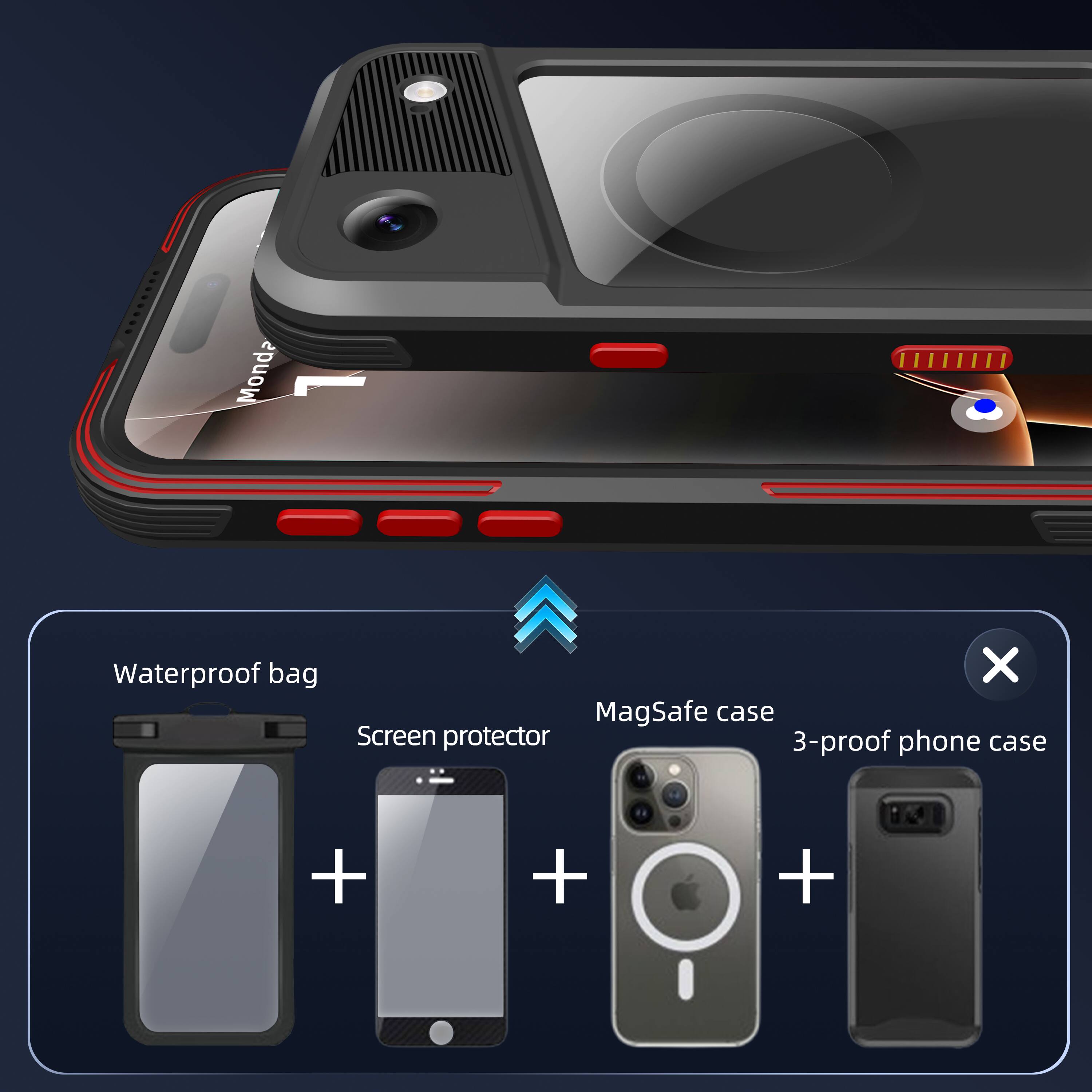 Monda Waterproof bag + MagSafe case + Screen protector + 3-proof phone case