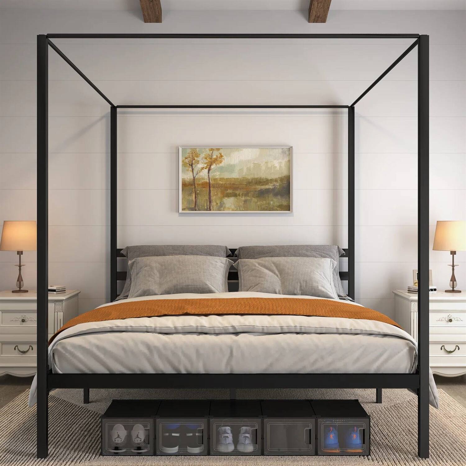 Angle. Hivvago - Hivvago King size Modern Four Poster Metal Canopy Bed - Black.