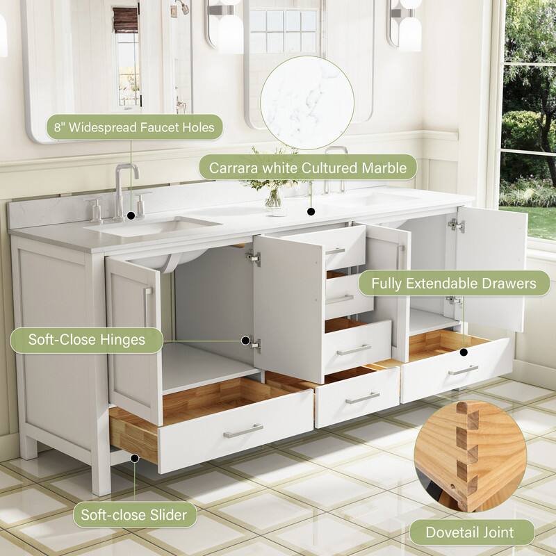 8" Widespread Faucet Holes  
Carrara White Cultured Marble  
Fully Extendable Drawers  
Soft-Close Hinges  
Soft-Close Slider  
Dovetail Joint