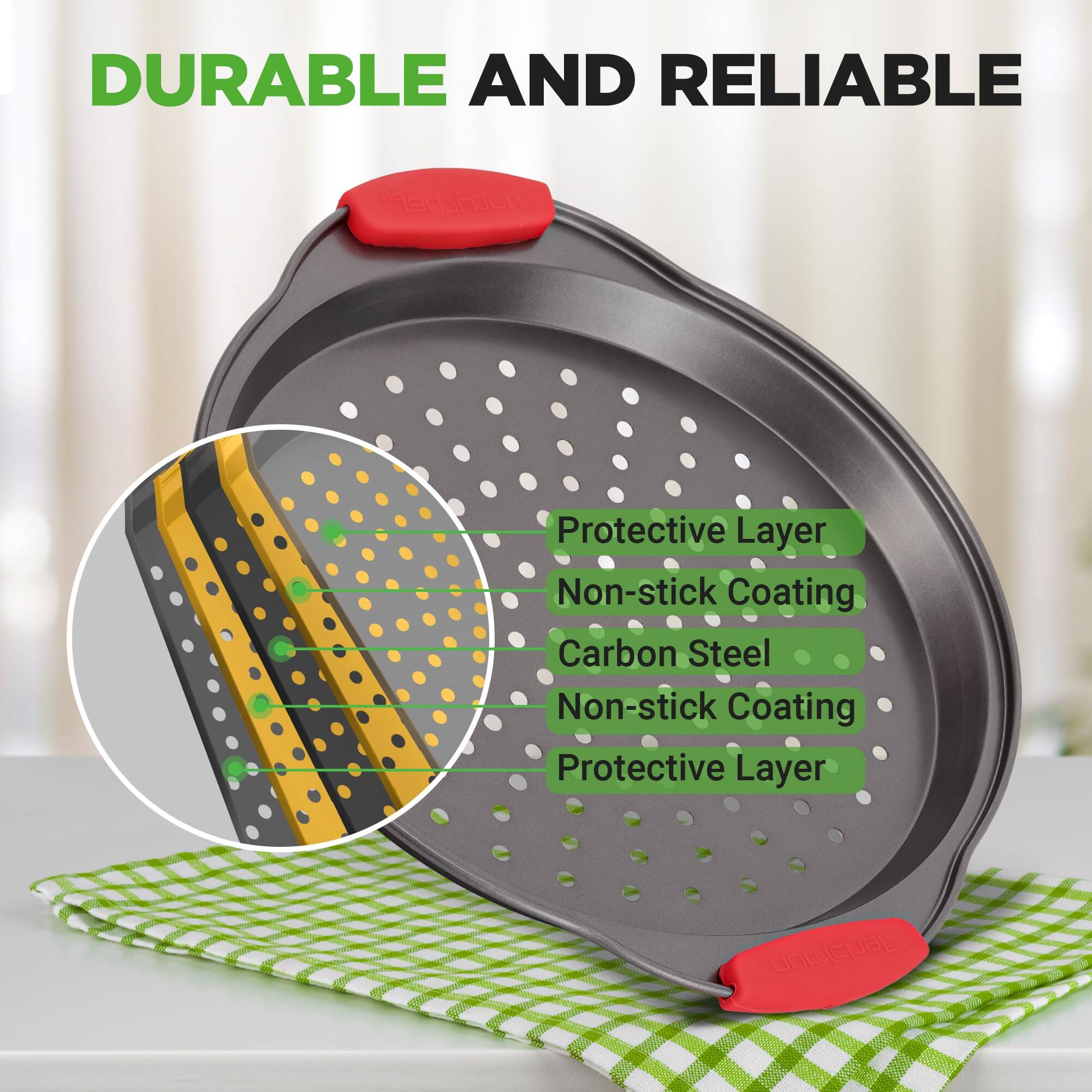 DURABLE AND RELIABLE

Protective Layer  
Non-stick Coating  
Carbon Steel  
Non-stick Coating  
Protective Layer