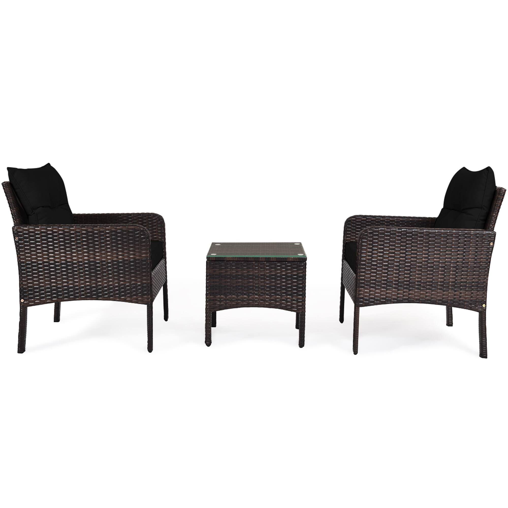 Alt View 8. Gymax - Gymax 3PCS Rattan Patio Conversation Furniture Set Yard Outdoor w/ Black Cushions - Black.