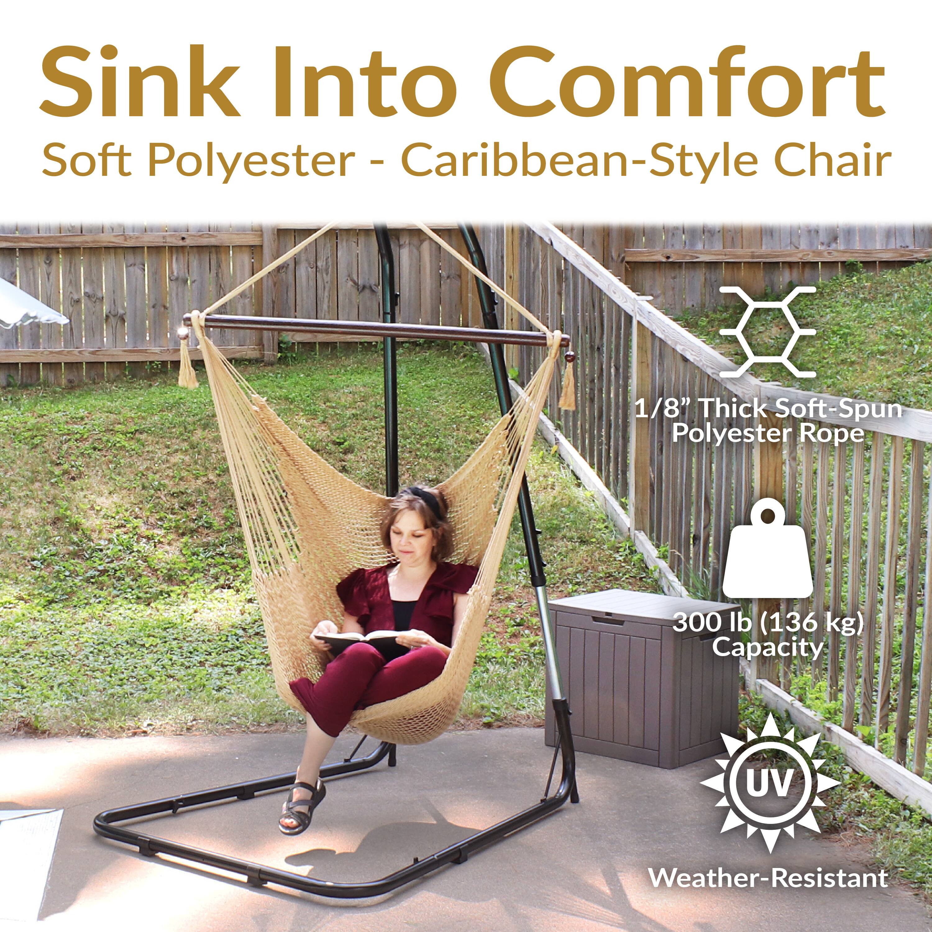 Sink Into Comfort  
Soft Polyester - Caribbean-Style Chair  

1/8" Thick Soft-Spun Polyester Rope  

300 lb (136 kg) Capacity  

UV Weather-Resistant