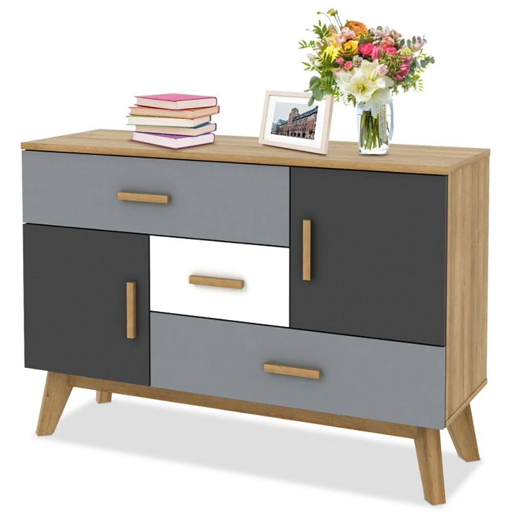 Alt View 2. Pefilos - Free-standing Storage Floor Cabinet with 2 Doors and 3 Drawers, Organizer Hallway Entryway Cabinet for Living Room - Gray.