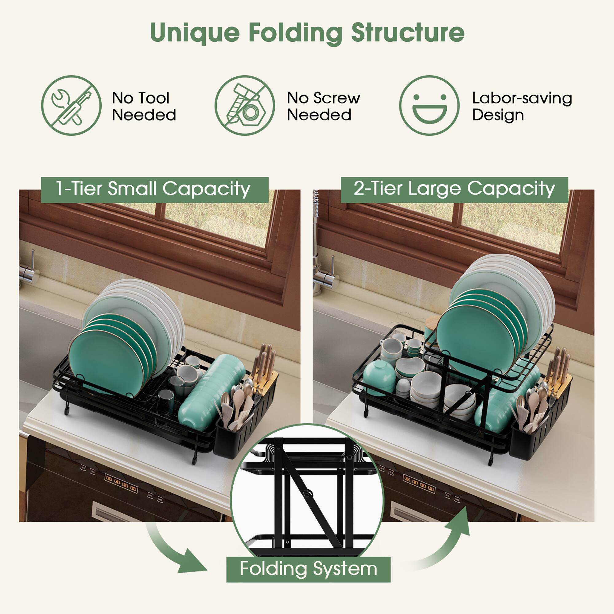 Unique Folding Structure  
No Tool Needed  
No Screw Needed  
Labor-saving Design  
1-Tier Small Capacity  
2-Tier Large Capacity  
35 CODE  
BOOK  
Folding System