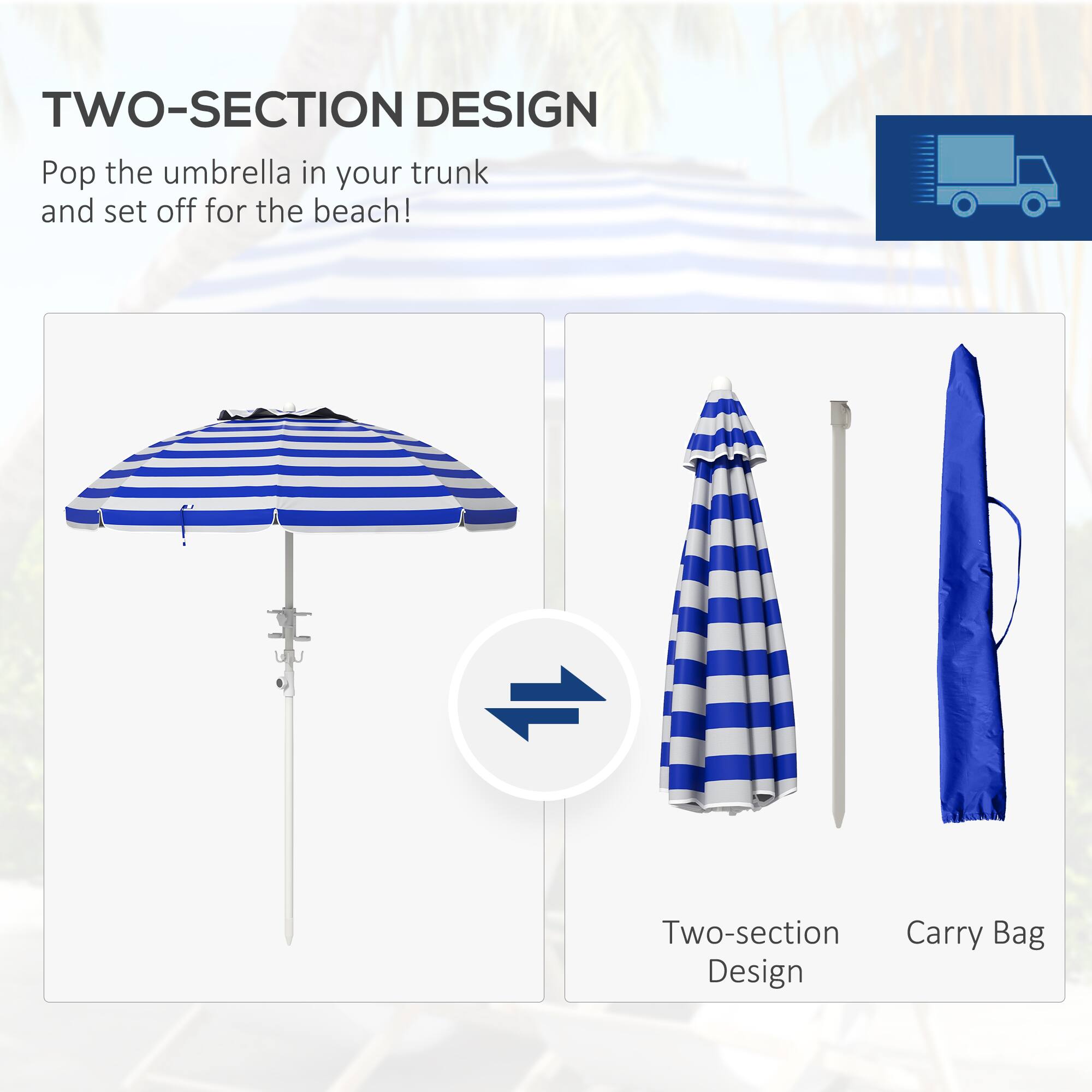 TWO-SECTION DESIGN
Pop the umbrella in your trunk and set off for the beach!
Two-section Carry Bag Design