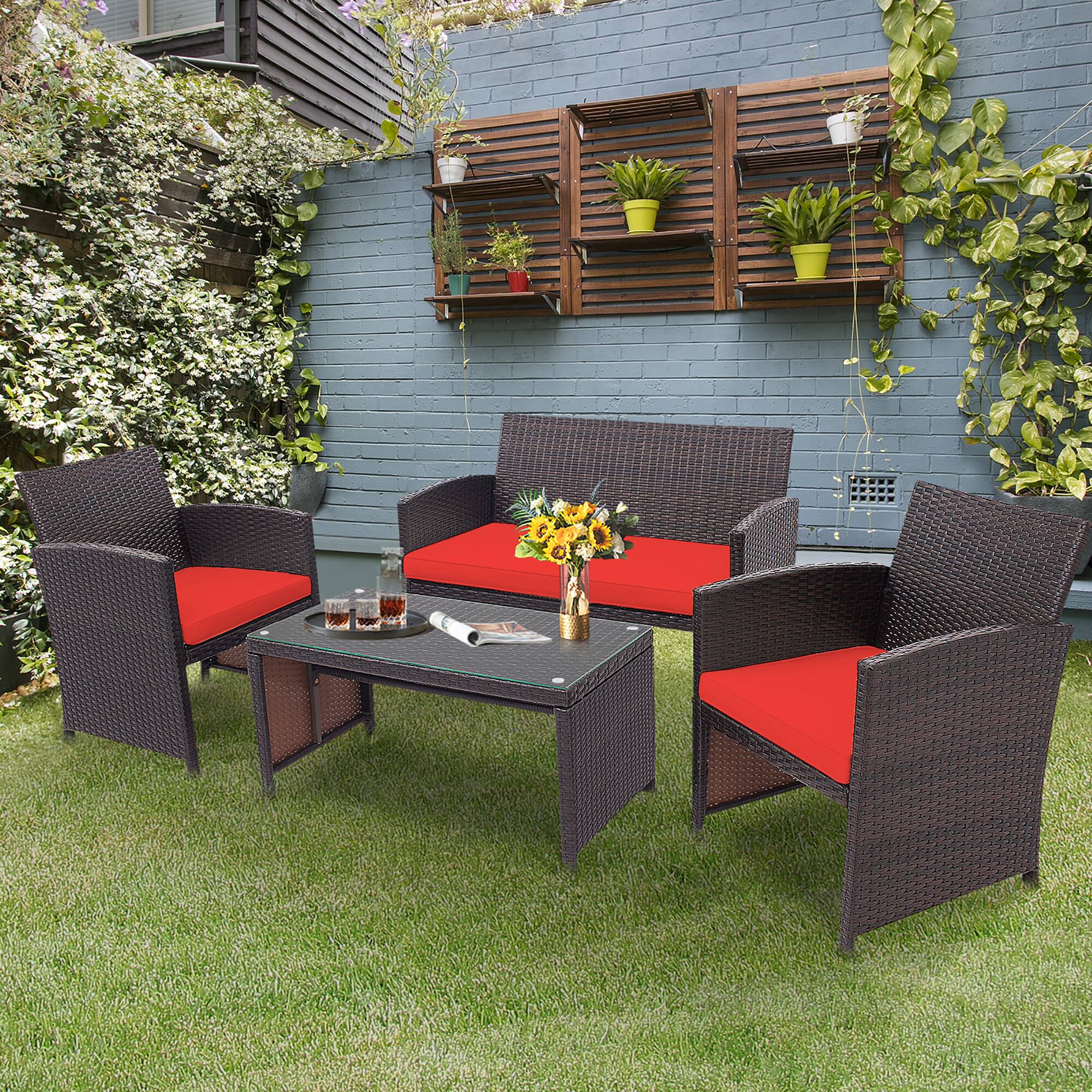 Alt View 1. Costway - Costway 4PCS Patio Rattan Furniture Set Cushioned Chair Sofa Coffee Table - Red.