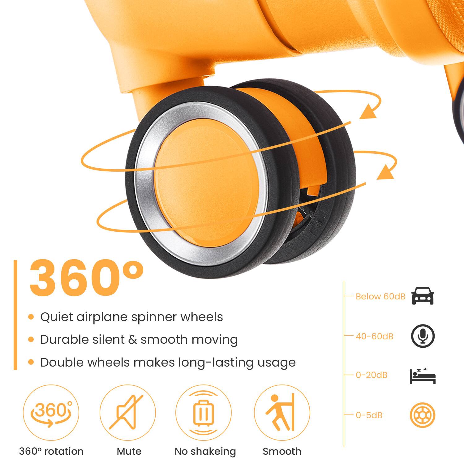 360°

- Quiet airplane spinner wheels
- Durable silent & smooth moving
- Double wheels makes long-lasting usage

360° rotation
Mute
No shaking
Smooth

Below 60dB
40-60dB
0-20dB
0-5dB