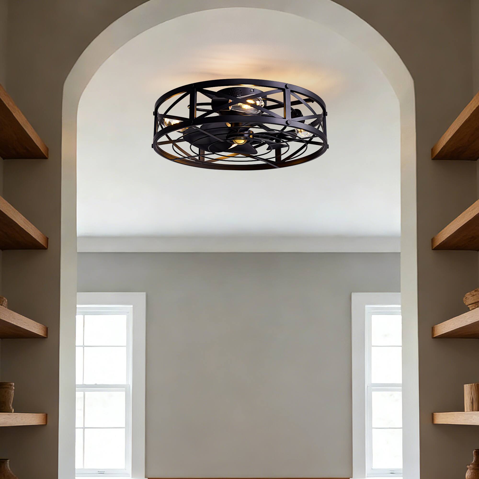 Alt View 1. Siljoy - 24‑Inch Black Farmhouse Caged Flush Mount Ceiling Fan with Light DC Motor for Living Room Bedroom Kitchen - Black.