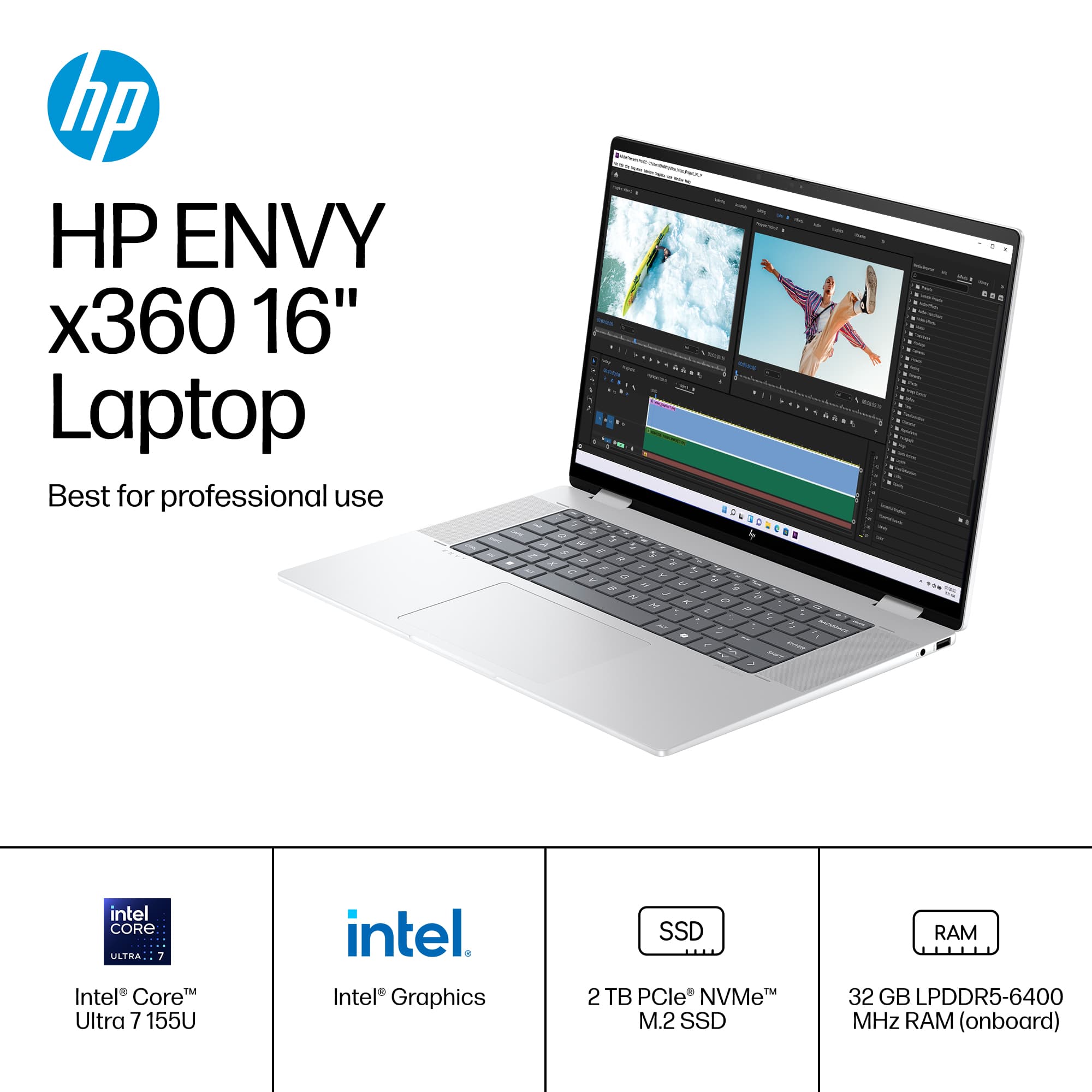 The text on the image is grouped and corrected as follows:
"HP ENVY x360 16" Laptop - Best for professional use. Intel Core Ultra 7 155U, Intel Graphics, SSD 2 TB PCle NVMe M.2 SSD, RAM 32 GB LPDDR5-6400 MHz (onboard)."
