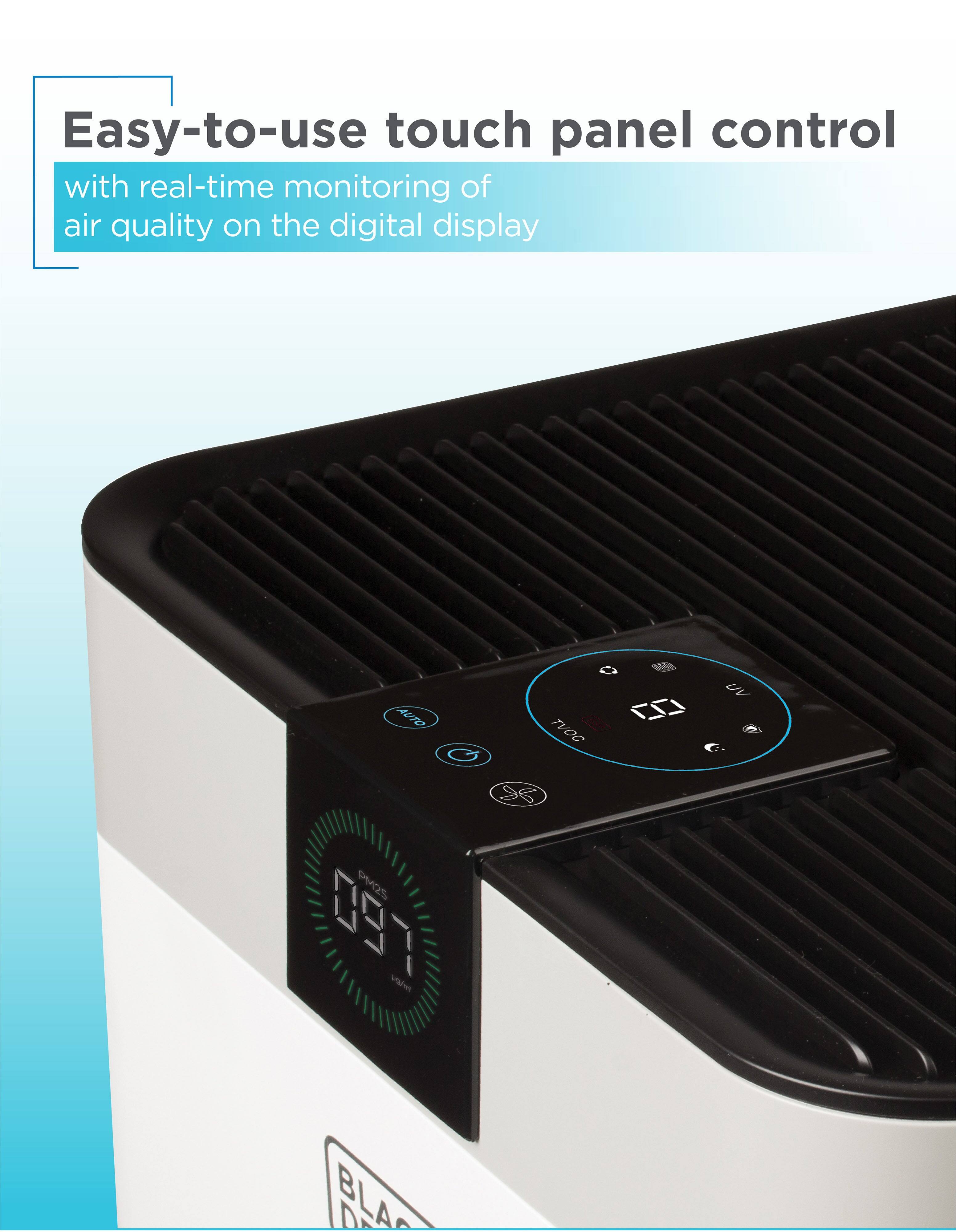 Easy-to-use touch panel control with real-time monitoring of air quality on the digital display.