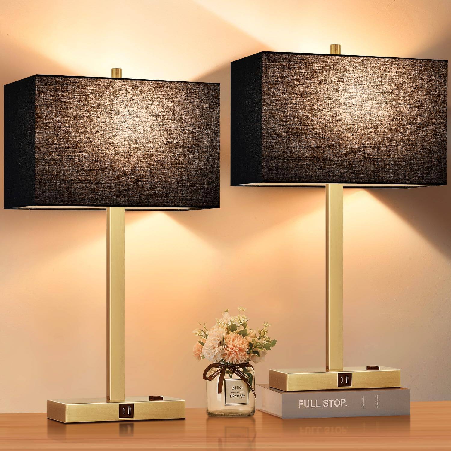 Cozy Serene - Touch USB Dimmable Bedside lamps with Outlets Table Bedroom Living Office Reading Gray Shade Night Stands - Black Line Gold (Base)-2700K Bulbs