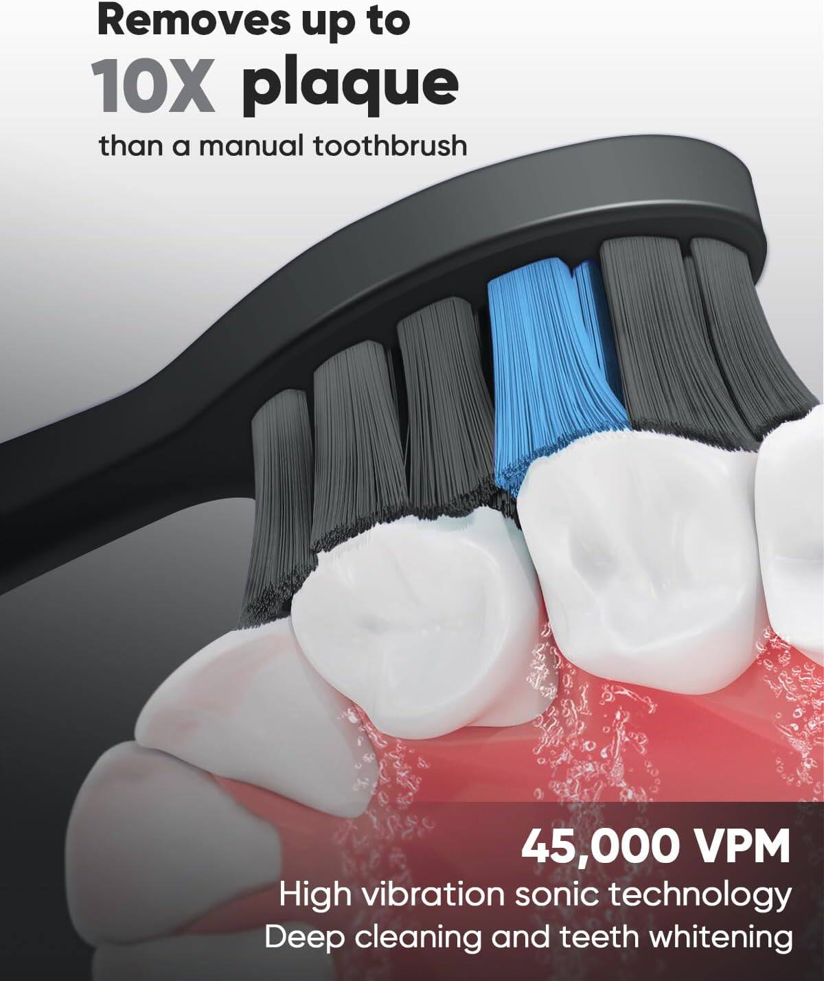Removes up to 10X plaque than a manual toothbrush. 45,000 VPM High vibration sonic technology. Deep cleaning and teeth whitening.