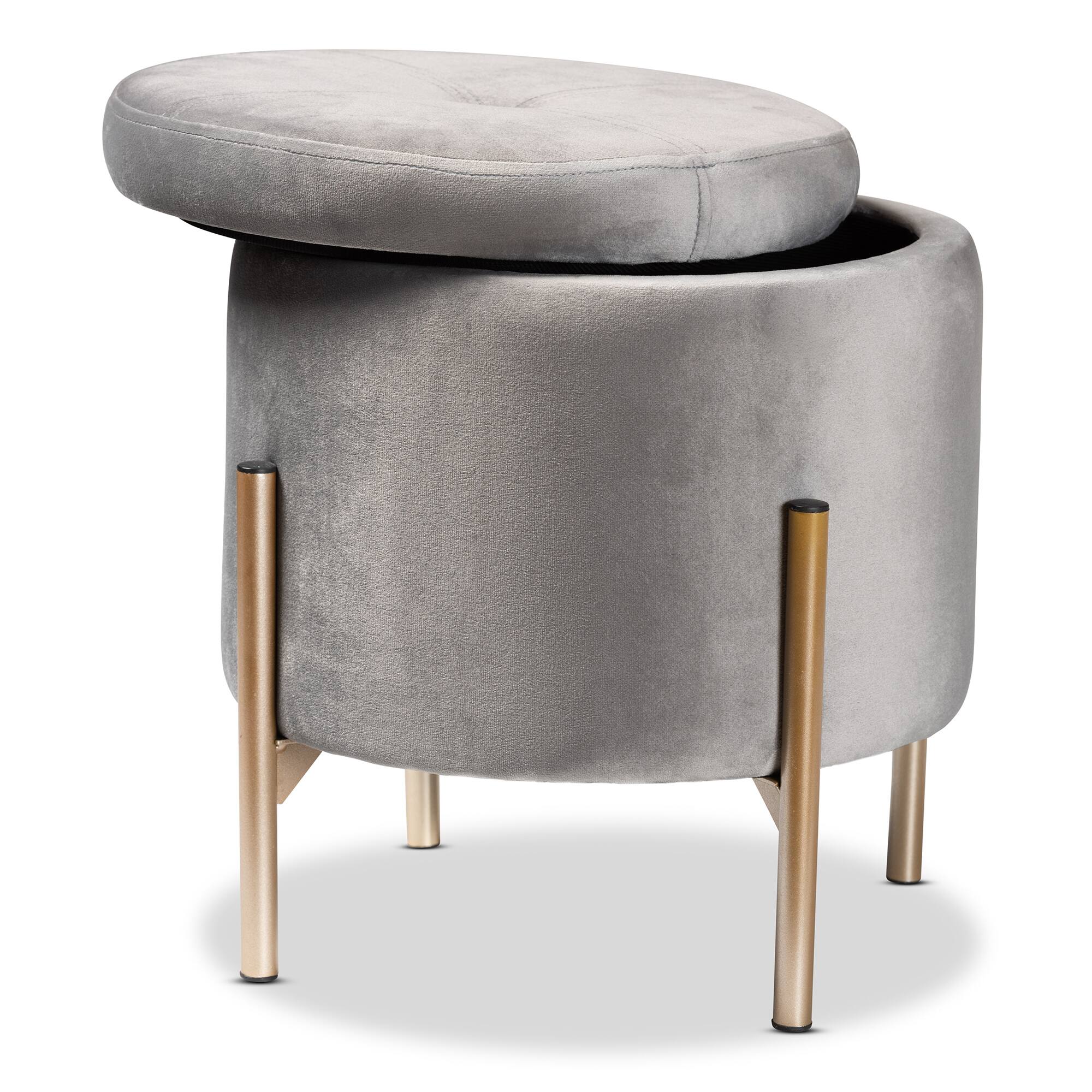 Angle. Baxton Studio - Malina Contemporary Glam and Luxe Velvet Fabric Upholstered and Gold Finished Metal Storage Ottoman - Grey/Gold.