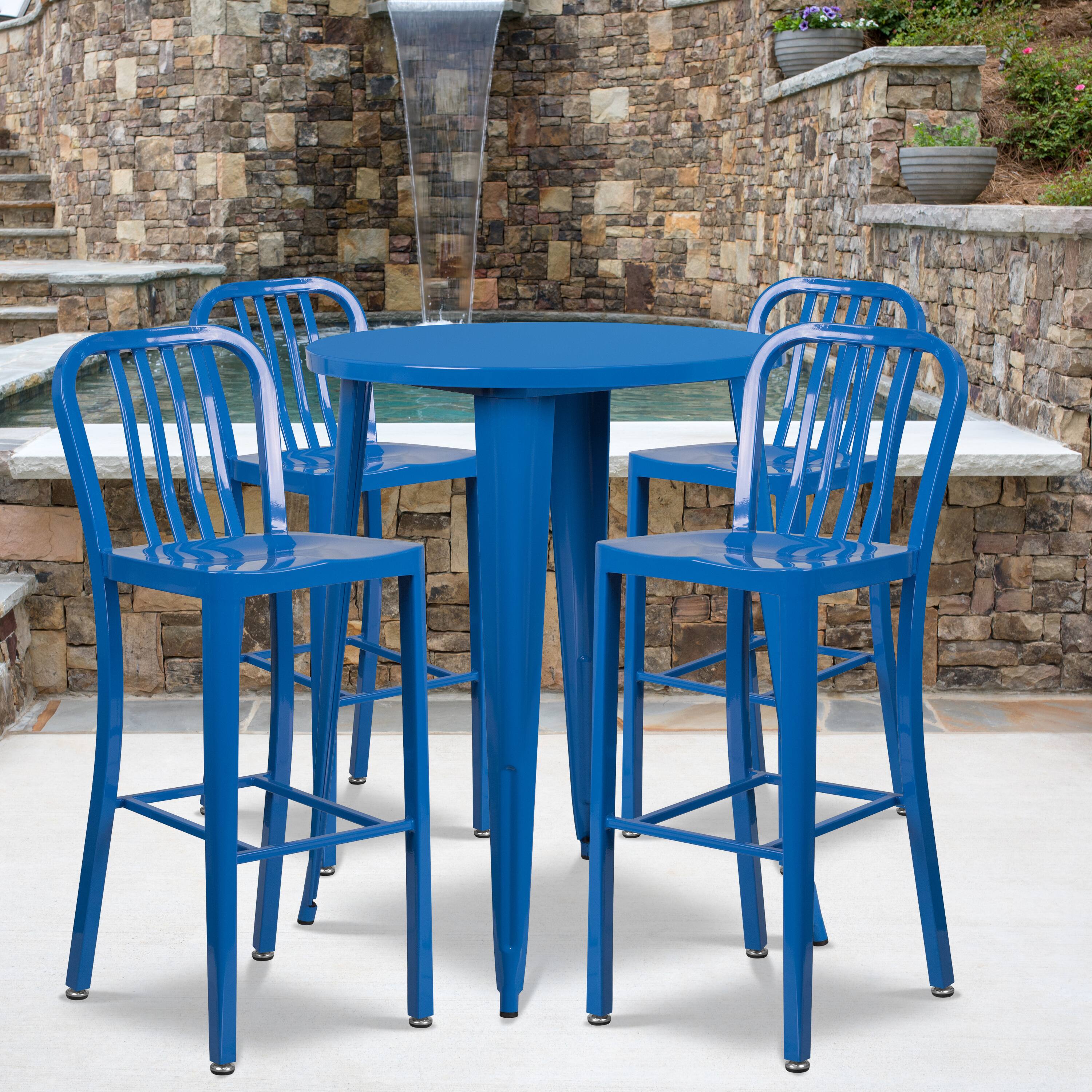 Alt View 1. Emma + Oliver - Commercial 30" Round Metal Indoor-Outdoor Bar Table Set & 4 Slat Back Stools - Blue.