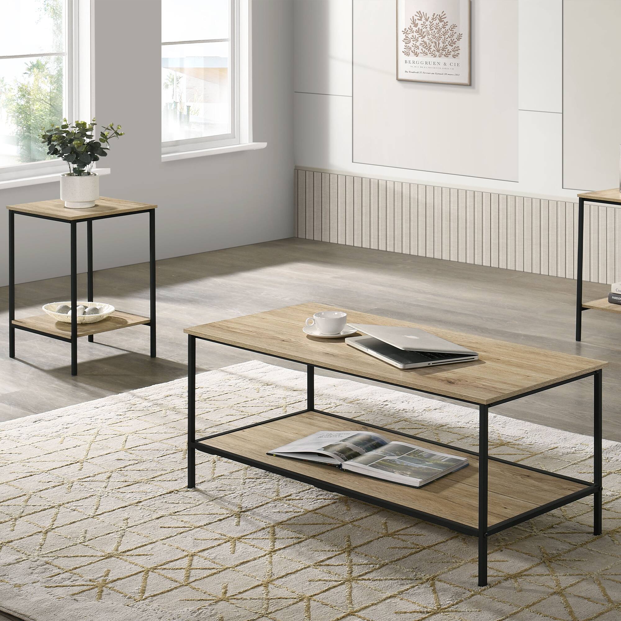 Left. Vaczon - 3-Piece Coffee Table Set with Storage, Coffee Table and 2 End Tables for Living Room or Apartment - Natural.