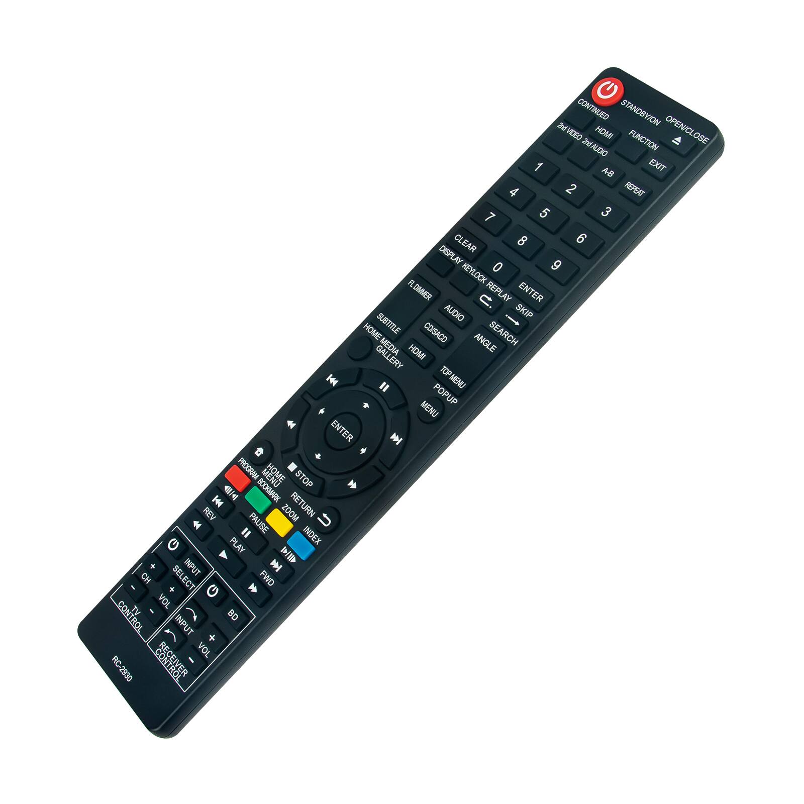 CONTINUED STANDBYION JnW VDED 2nc HDMI OPEN/CLOSE FUNCTION OSE 2EALDIO 1 AB EXIT 4 2 REPEAT 7 5 3 CLEAR 8 6 DISPLAY 9 KEYLOCK 0 FLOMER REPLAY ENTER AUDIO - SKIP HOME SUBTITLE COSACO SEARCH MEDIA HDMI ANGLE GALLERY TOP MENU TOP I4 " POPUP MENU ENTER   EDO WENG STOP BKAK  H i REV PA ZOOM RETURN + FAUSE U " INDEX G PLAY  + INPUT  CH + SELECT  FWD G VOL CONTROL TV BD ( INPUT + VOL RC-2030 RECRIVER