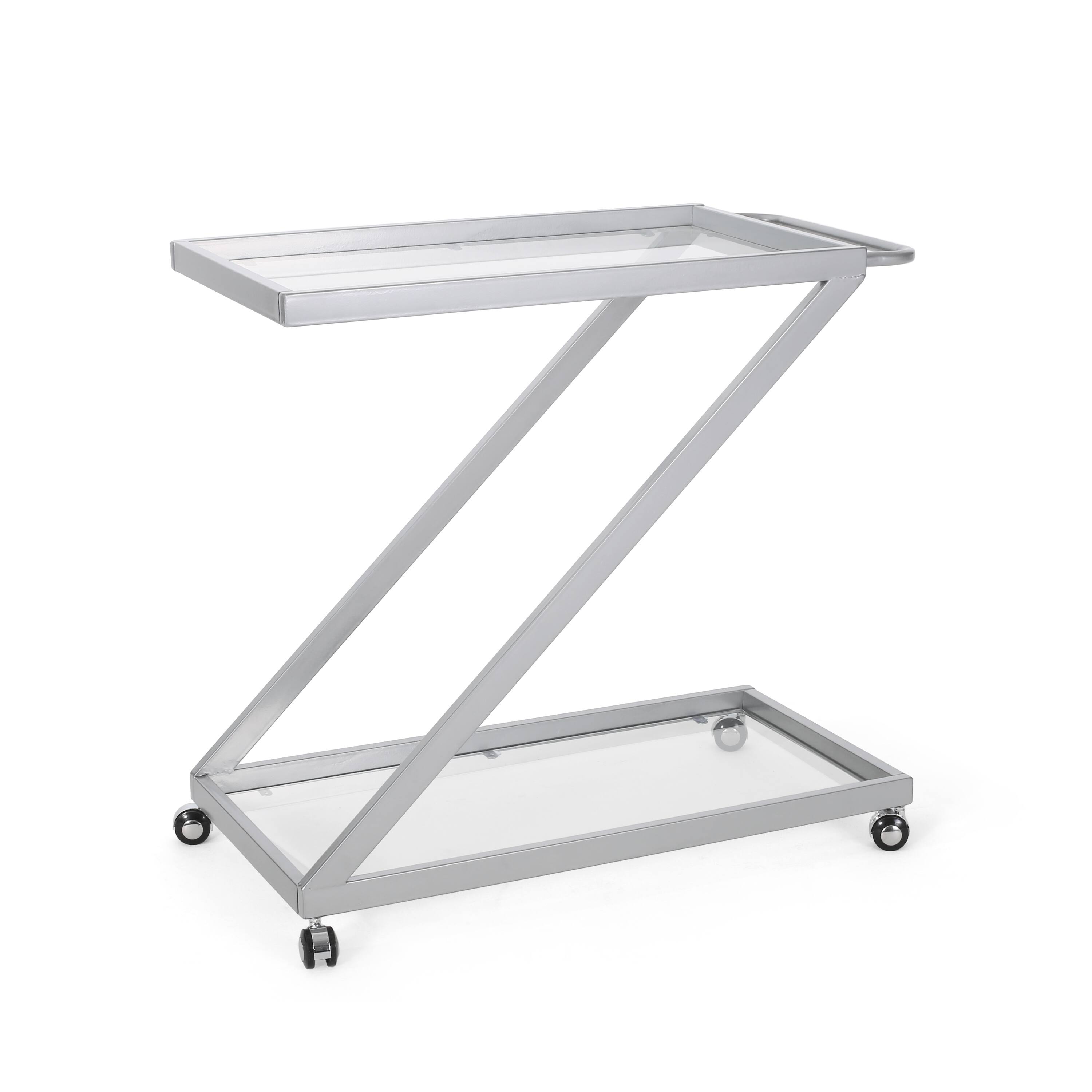 Front. Spaco - Spaco Modern Bar Cart, Z-Shape Frame, Tempered Glass Shelves, Locking Casters, Iron Base, Mobile Serving Cart, for Home - Silver.