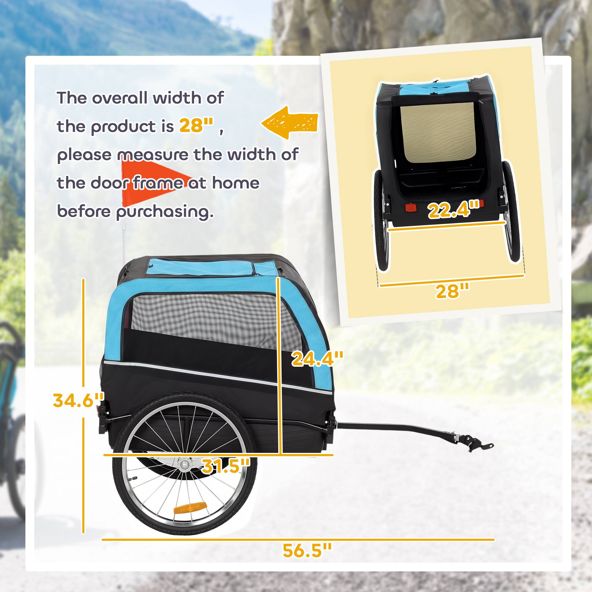 The overall width of the product is 28", please measure the width of the door frame at home before purchasing.

22.4"  
28"  
24.4"  
34.6"  
31.5"  
56.5"