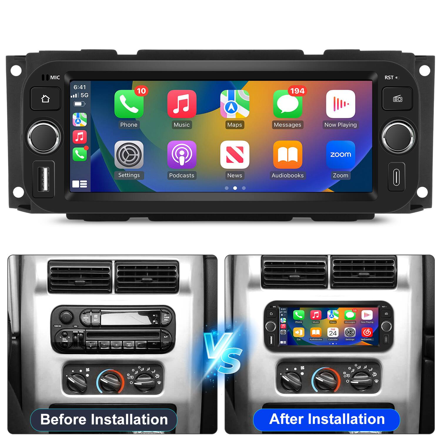 Sure, here is the corrected and grouped text from the image:

---

**Top Section:**

- MIC
- 6:41
- 5G
- 10
- Phone
- Music
- Maps
- Messages
- Now Playing
- 194
- Settings
- Podcasts
- News
- Audiobooks
- Zoom
- RST
- EO

**Bottom Section:**

- Before Installation
- After Installation

---