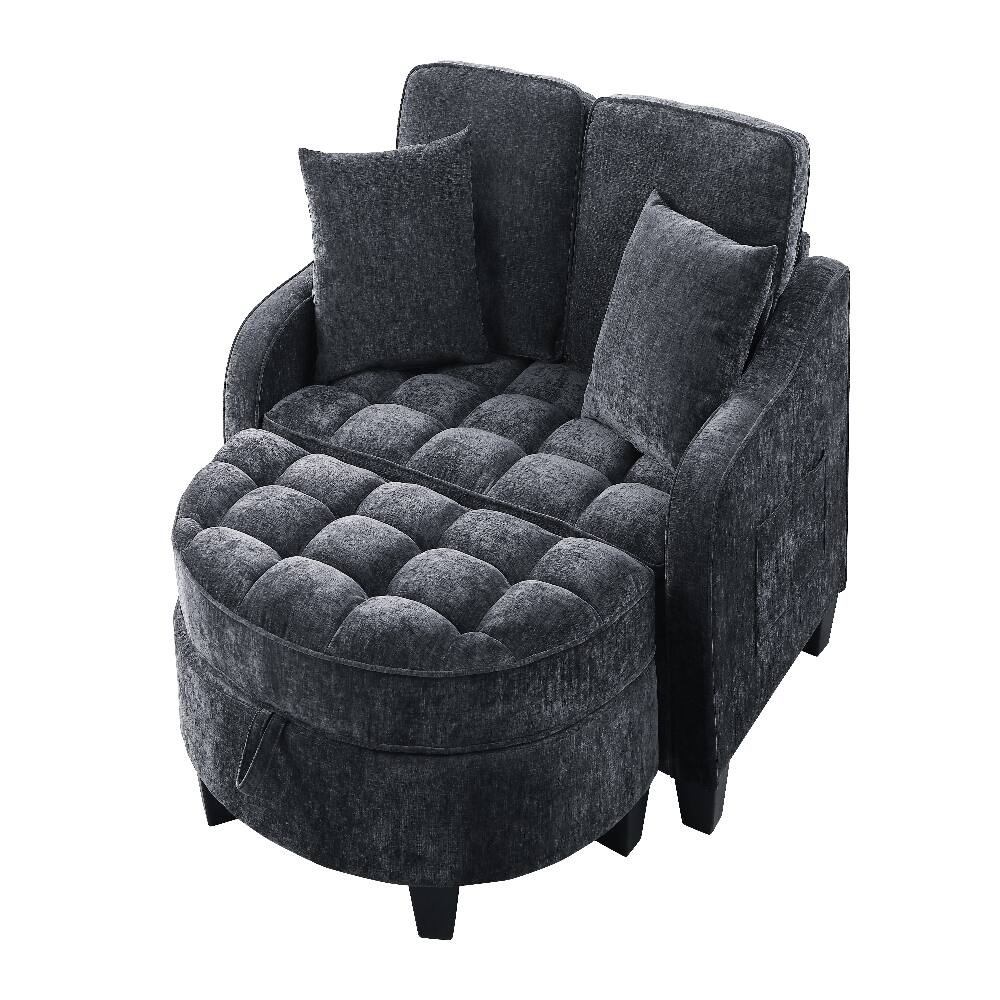 Alt View 6. Loheer - Loheer 2-Seater Black Corduroy Sofa Recliner with Storage Footrest and Pillows for Living Room - Black.
